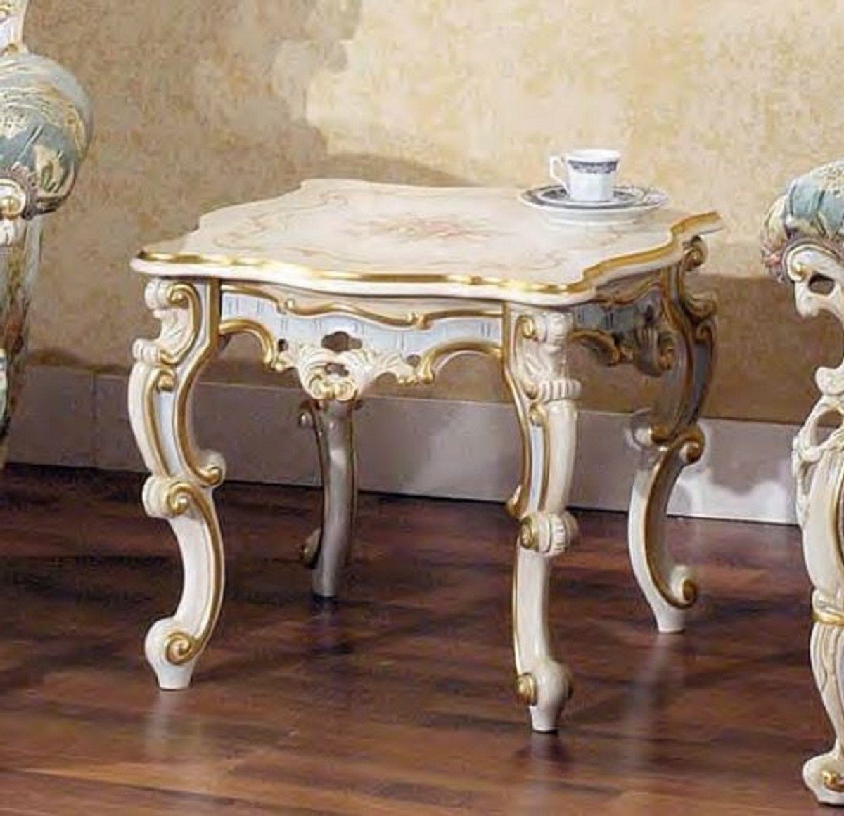 Casa Padrino Beistelltisch Luxus Barock Beistelltisch Weiß / Mehrfarbig / Gold 55 x 55 x H. 48 cm - Prunkvoller Massivholz Tisch - Barock & Hotel Möbel - Luxus Qualität - Made in Italy