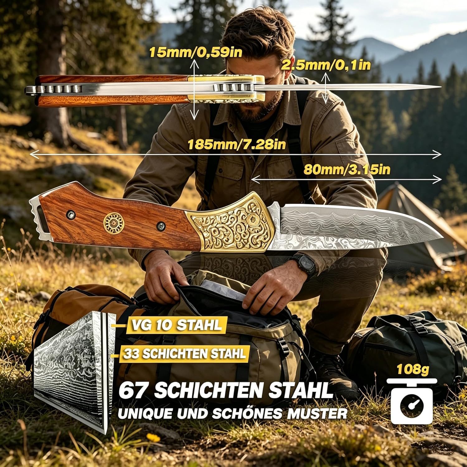 KingLux Damastmesser Einhandmesser Damast Taschenmesser Outdoor Klappmesser