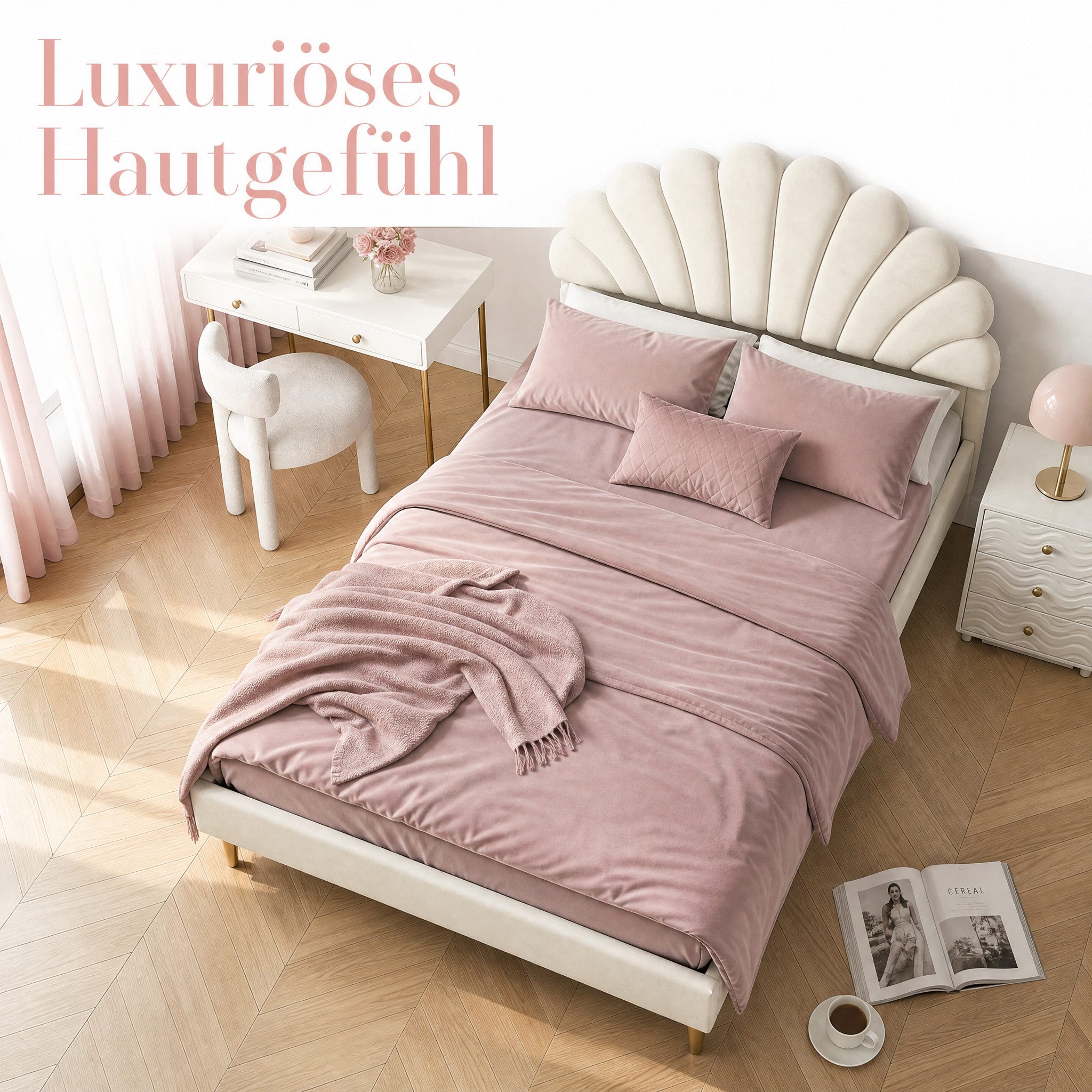 Simurq Polsterbett Kinderbett Mädchen 140x200cm, Kopfteil in Blumenform Muschelform, Doppelbett Gepolstertes Bettgestell mit Lattenrost,Samt – Bild 4 von 5