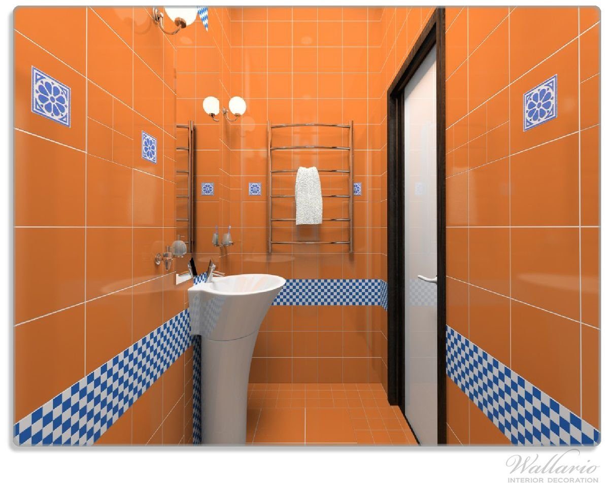4mm, 30x40cm (inkl. Gummifüße Badezimmer Schneidebrett blauen Modernes mit orange ESG-Sicherheitsglas, Fliesen, in rutschfester 1-St), Wallario