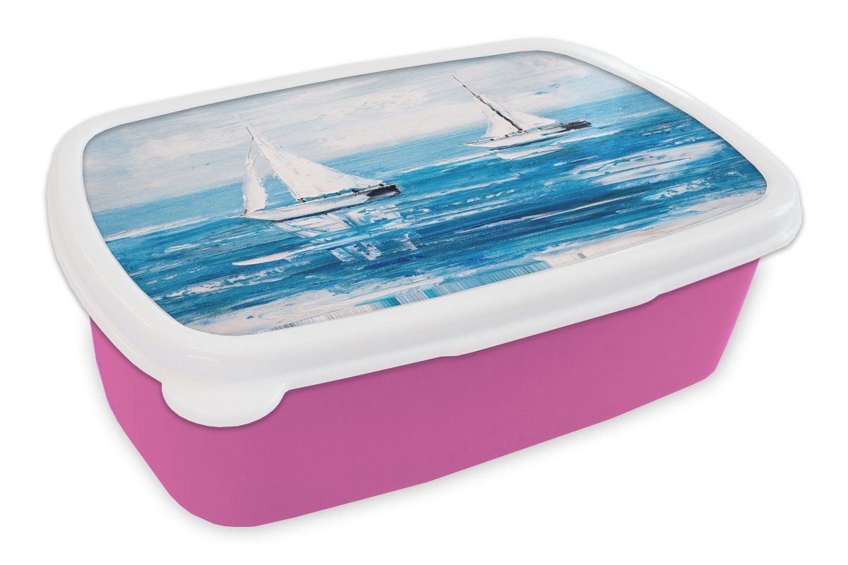 MuchoWow Lunchbox Malerei - Ölfarbe - Boot - Wasser, Kunststoff, (2-tlg), Brotbox für Erwachsene, Brotdose Kinder, Snackbox, Mädchen, Kunststoff rosa