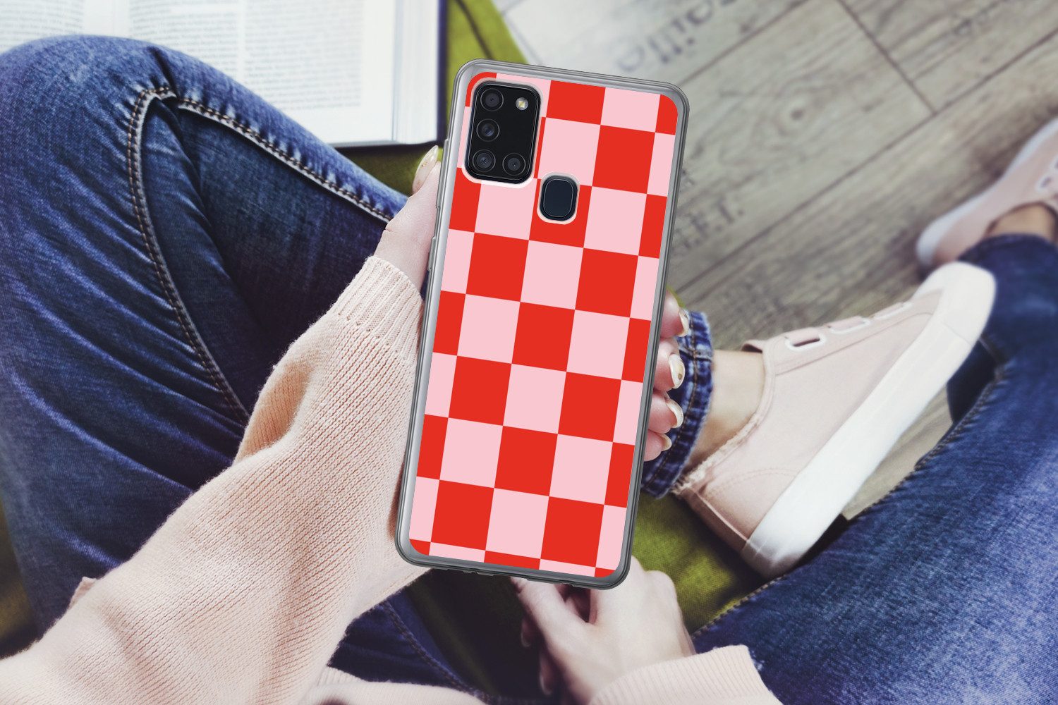 MuchoWow Handyhülle für Samsung Galaxy A21s Schachbrettmuster - Rot - Rosa - Würfel, Smartphone-Bumper, Print, Handy Schutzhülle Dünn
