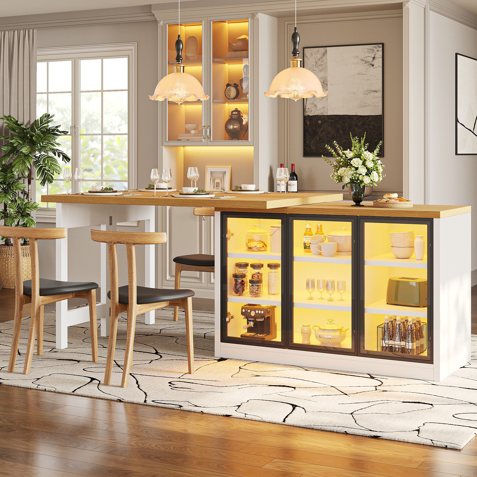 Flieks Kücheninsel mit 360° drehbarer und klappbarer Esstisch, LED-Beleuchtung, Glastüren, (Holzoptik Tischplatte Tiefe 40-80cm, Längenverstellbar 120-197 cm), ausziehbarer Arbeitstisch & multifunktional Mehrzweckschrank Weiß