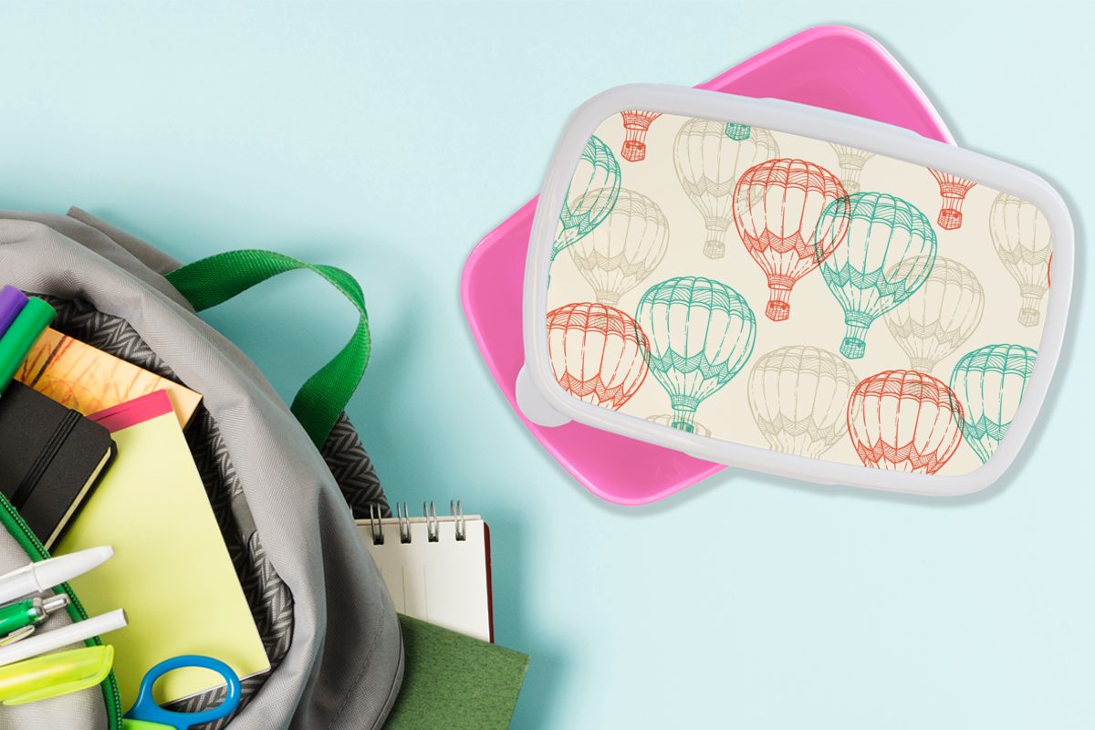 Kinder, Entwurf, Lunchbox Brotbox Mädchen, Erwachsene, - Kunststoff, für Snackbox, (2-tlg), Kind - MuchoWow Vintage Kunststoff Brotdose Luftballon - rosa