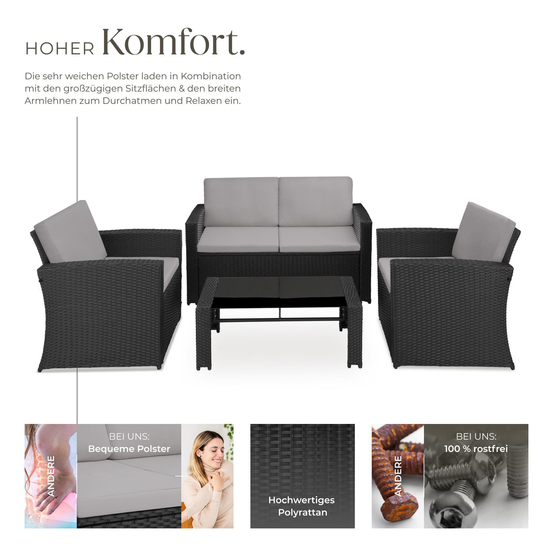 tectake Loungeset Rattan Sitzgruppe mit Sicherheitsglasplatte, für 4 Personen, (Gartenlounge-set Jesolo, 5-tlg., geeignet für Outdoor in Schwarz/Grau), widerstandsfähig und UV-beständig, geschwungenes Design