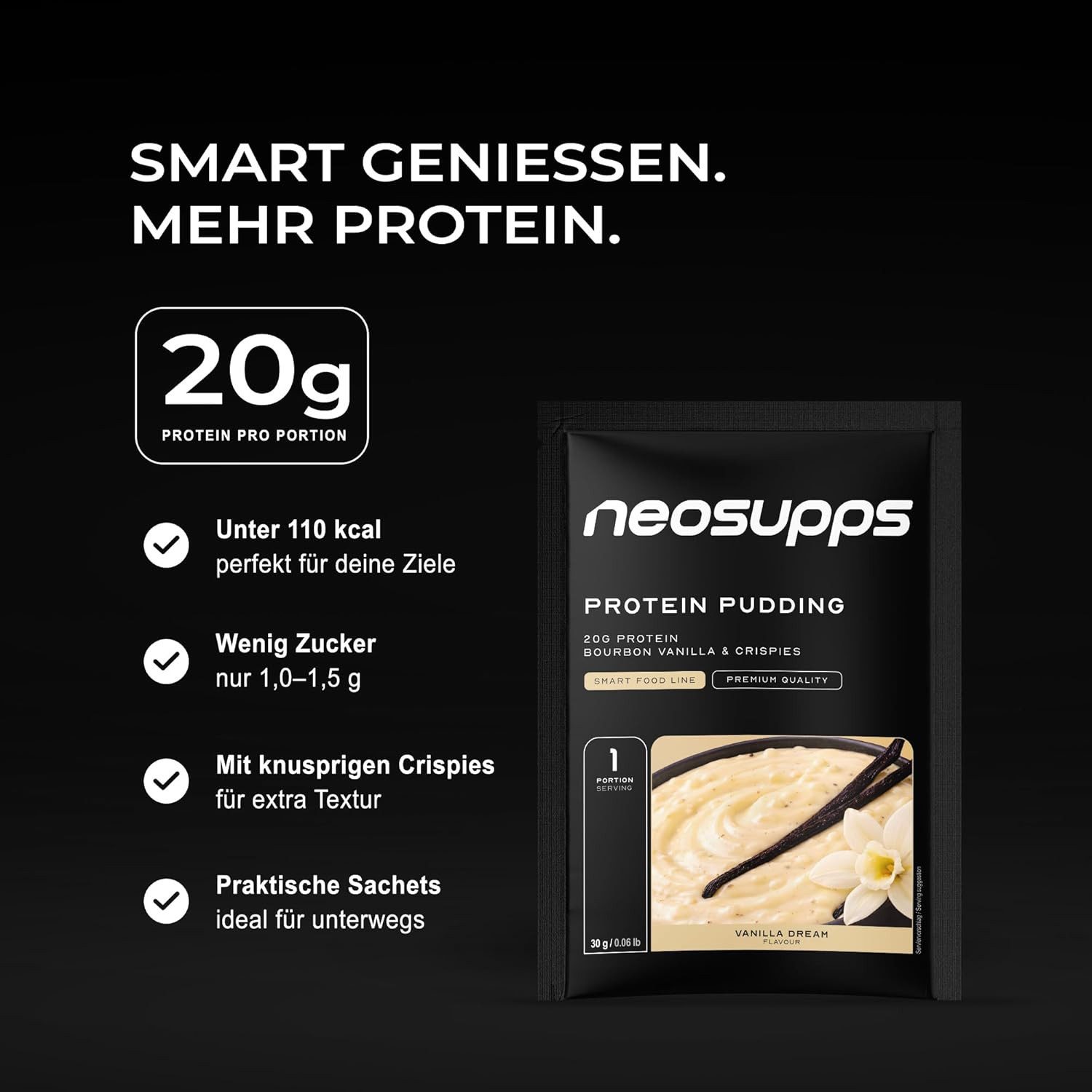 Neosupps Pudding Vanilla Dream, High Protein Dessert 15x30g, 20g Eiweiß Pulver, Wenig Zucker & Kalorien, cremiger Protein Snack mit Crispies