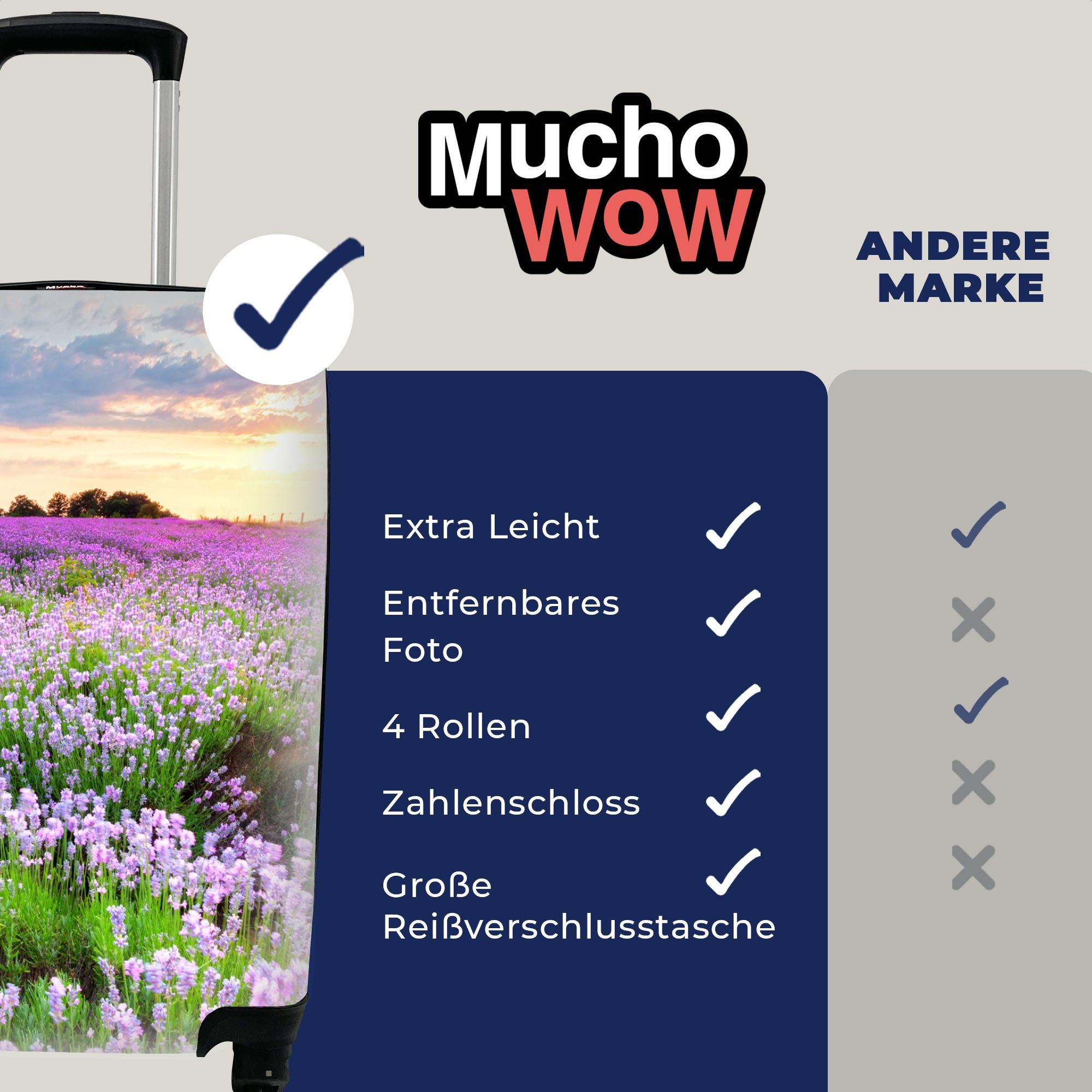 MuchoWow Handgepäckkoffer Lavendel - Blumen Wiese, mit Reisetasche Ferien, Handgepäck 4 - Trolley, Reisekoffer - Lila rollen, Sonnenuntergang Rollen, für 
