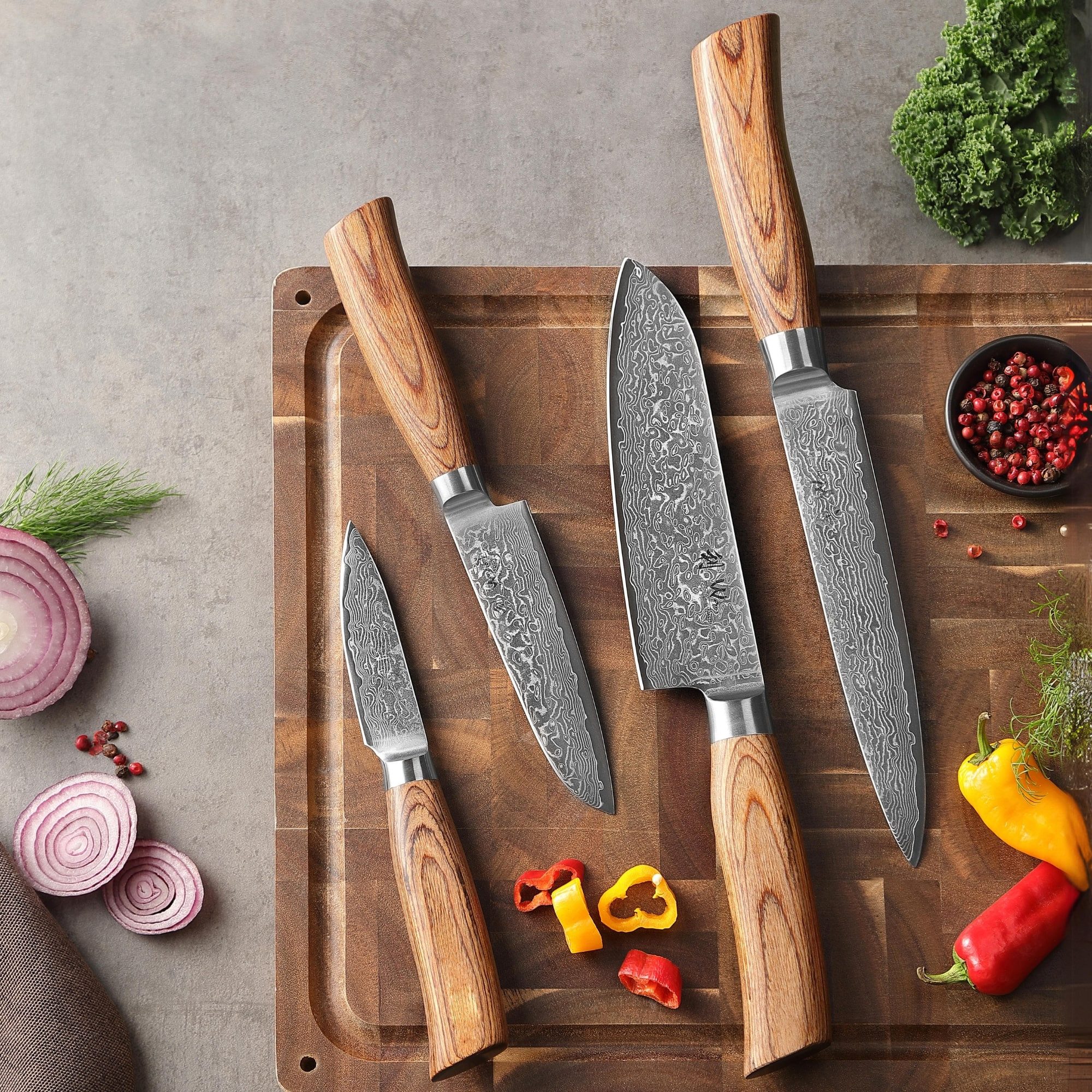 Wakoli Messer-Set Edib Pro 4 Damastmesser Küchenmesser 8-17 cm Klingen Pakkaholzgriffe (Damastmesser mit Geschenkbox, 4-tlg., 4er Damastmesser-Set mit Holzbox), Aus 67 Lagen Damaststahl, VG-10 Stahlkern