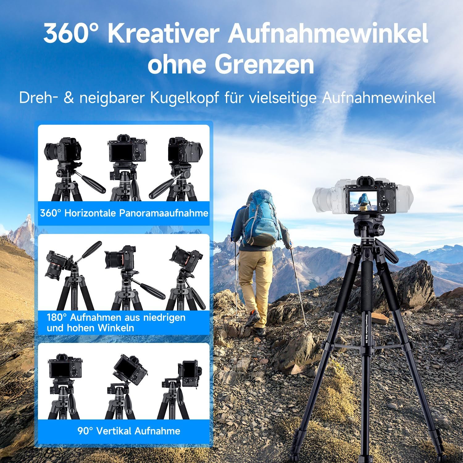 Rollei 23148 Kamerastativ (Leichtes Aluminiummodell, Kompakt, Kugelkopf, Smartphonehalter)