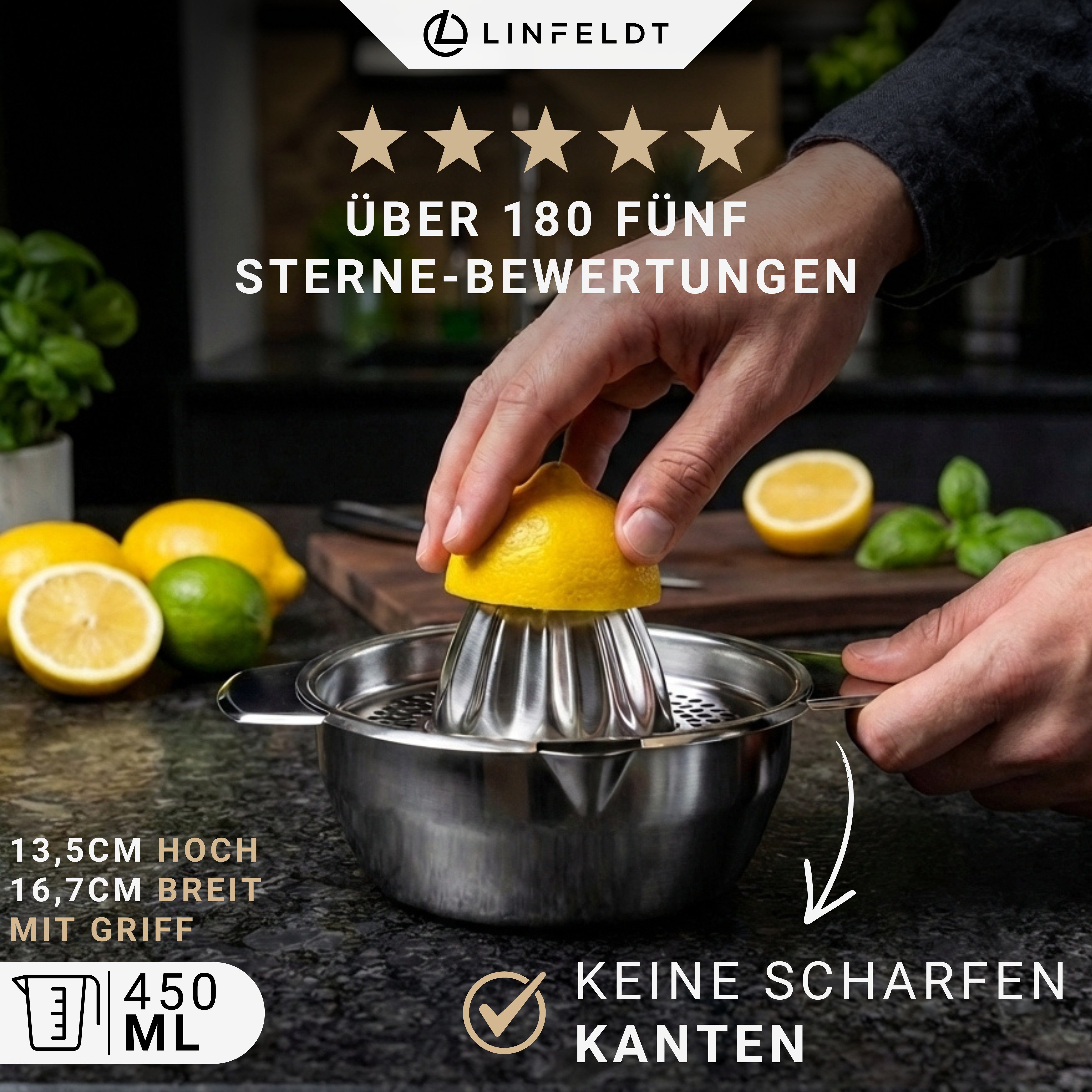 LINFELDT Zitruspresse Zitronenpresse, 450ml Behälter, viel Saft auspressen, rostfreier Edelstahl – Bild 5 von 5