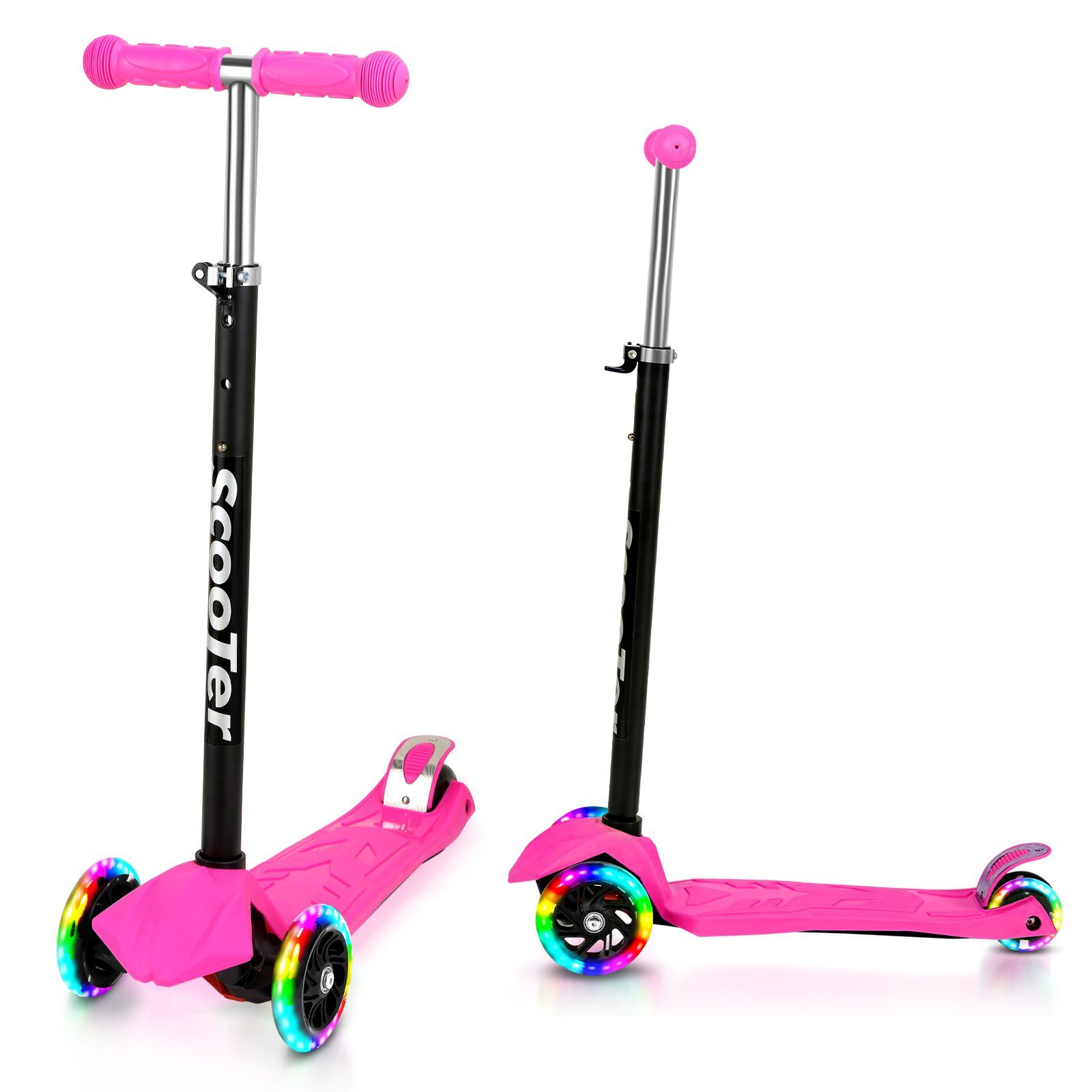 Kinderroller Scooter Höhenverstellbar bis Clanmacy Tretroller kg LED-Räder 50 Rosa