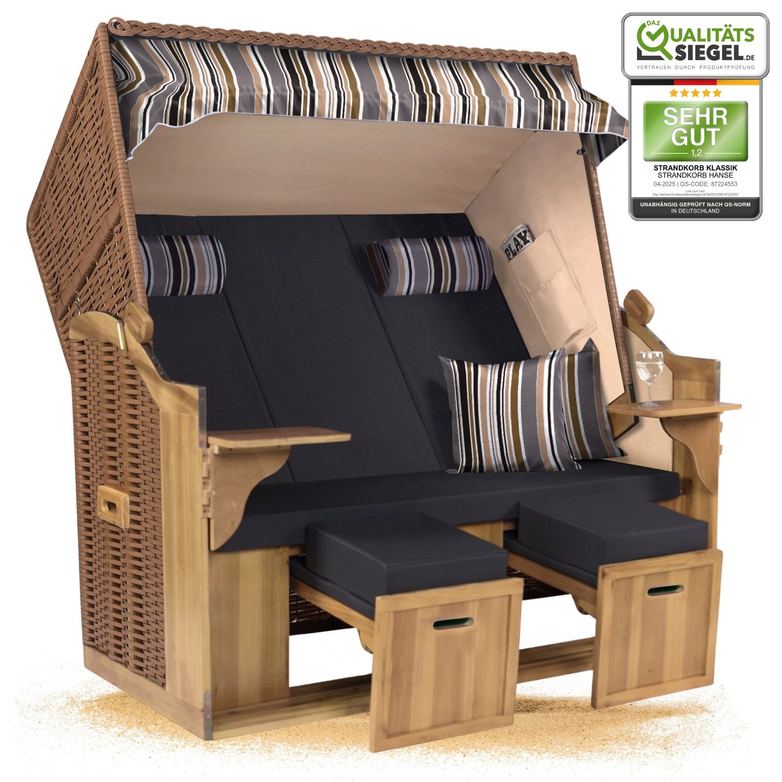 Strandkorb Hanse Strandkorb Strandkorb Ostsee XXL 2,5-Sitzer Volllieger Beige Anthrazit, BxTxH: 150x80x160 cm, Ostsee XXL Volllieger, Ostsee 2,5-Sitzer Modell 2025, Stabiles Wacholder mit handgefertigtem Polyrattangeflecht