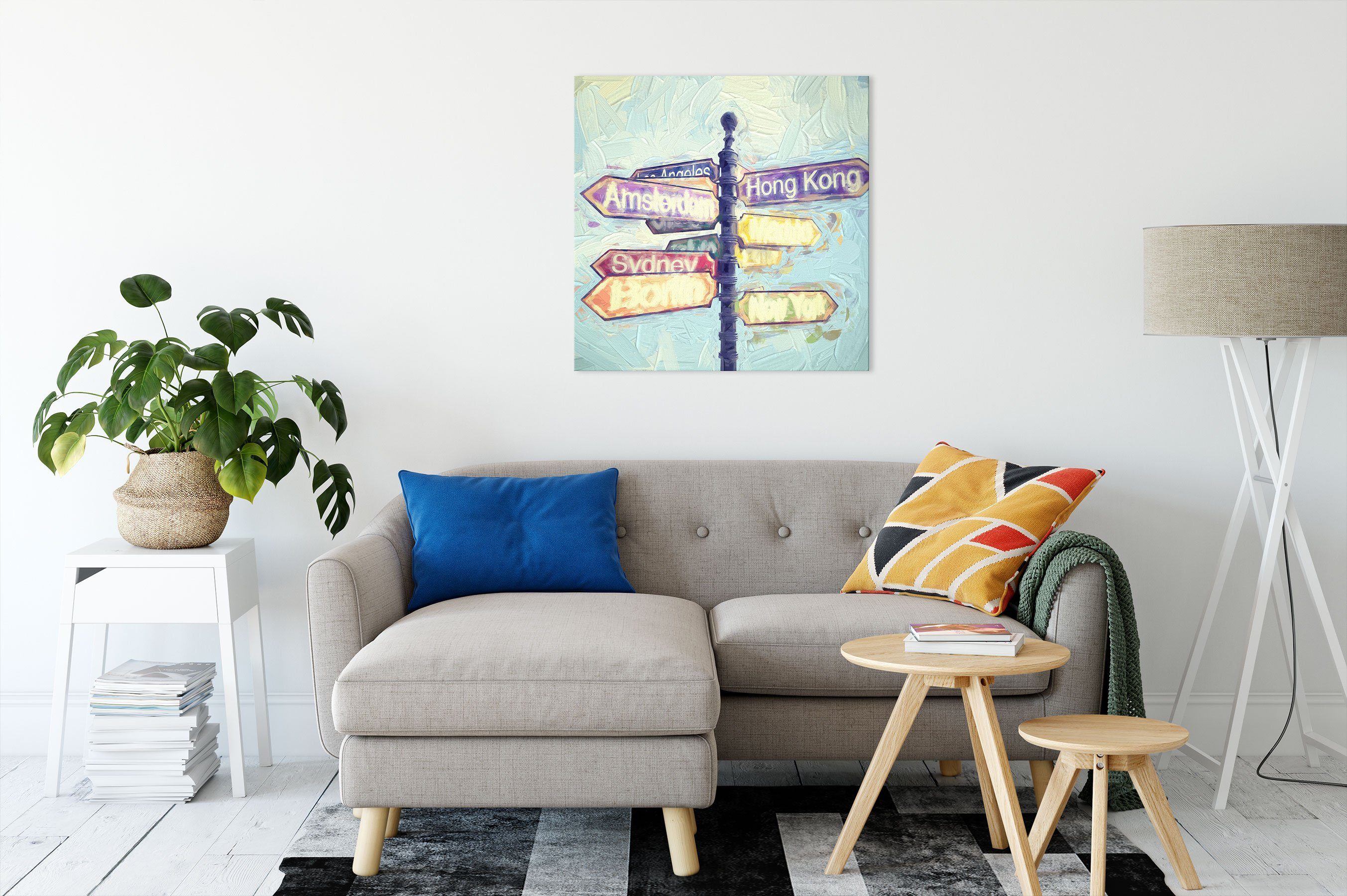 Pixxprint Leinwandbild Städte Wegweiser Kunst, Städte Wegweiser Kunst (1 St), Leinwandbild fertig bespannt, inkl. Zackenaufhänger