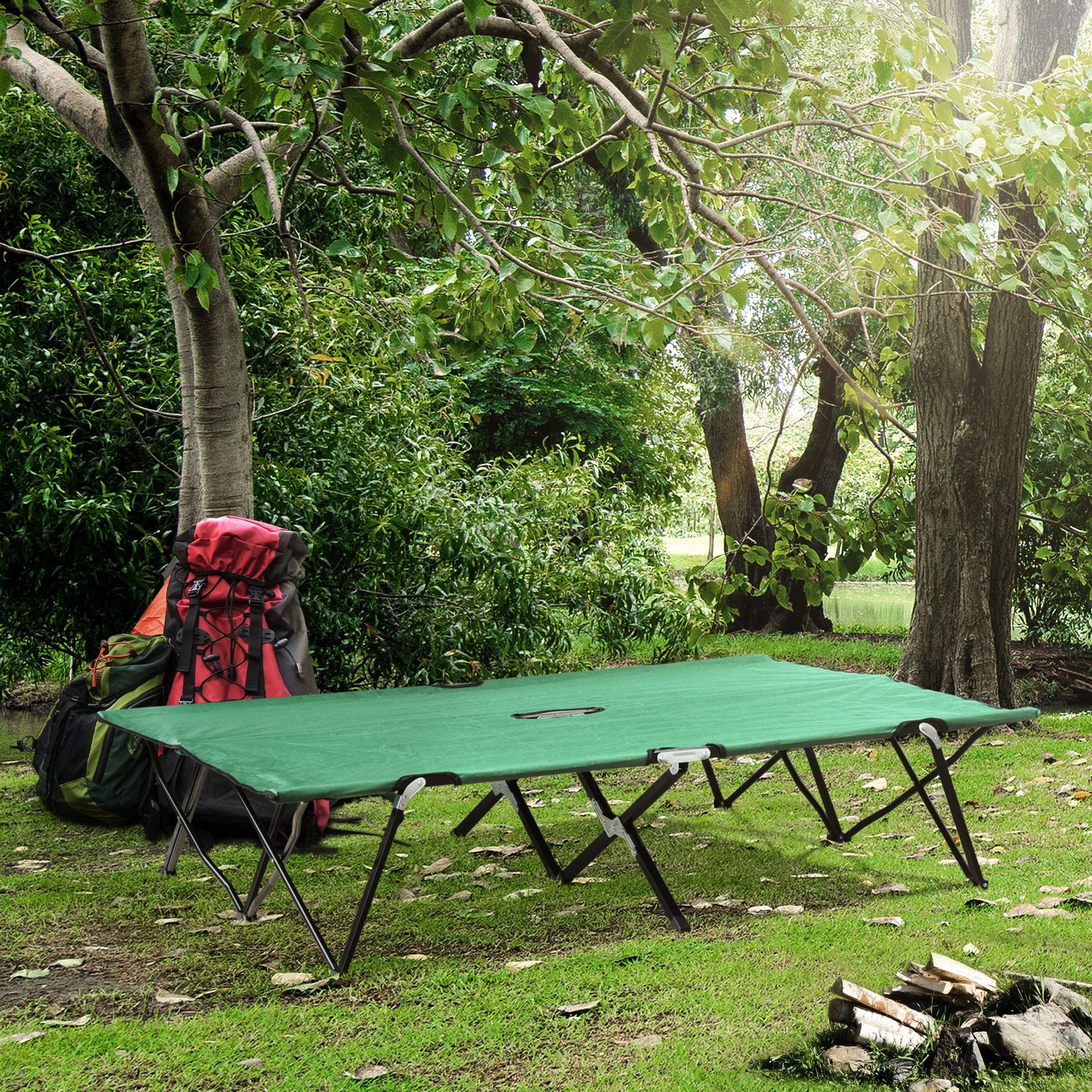 Outsunny Feldbett Klappbar 2 Personen mit Tragetasche bis 136 kg belastbar (Klappbett, 1-St., Campingbett) für Garten, Balkon, Schwarz+Grün