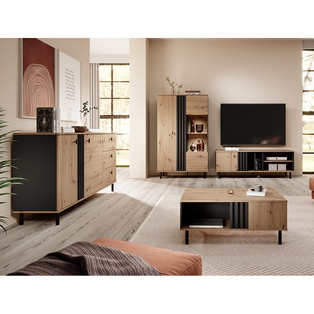 Lomadox Wohnzimmer-Set MATTAWA-167, (Mega-Spar-Set, 4-St., Couchtisch Highboard Lowboard Sideboard), Wohnwand, Eiche Dekor mit Couchtisch und Beleuchtung