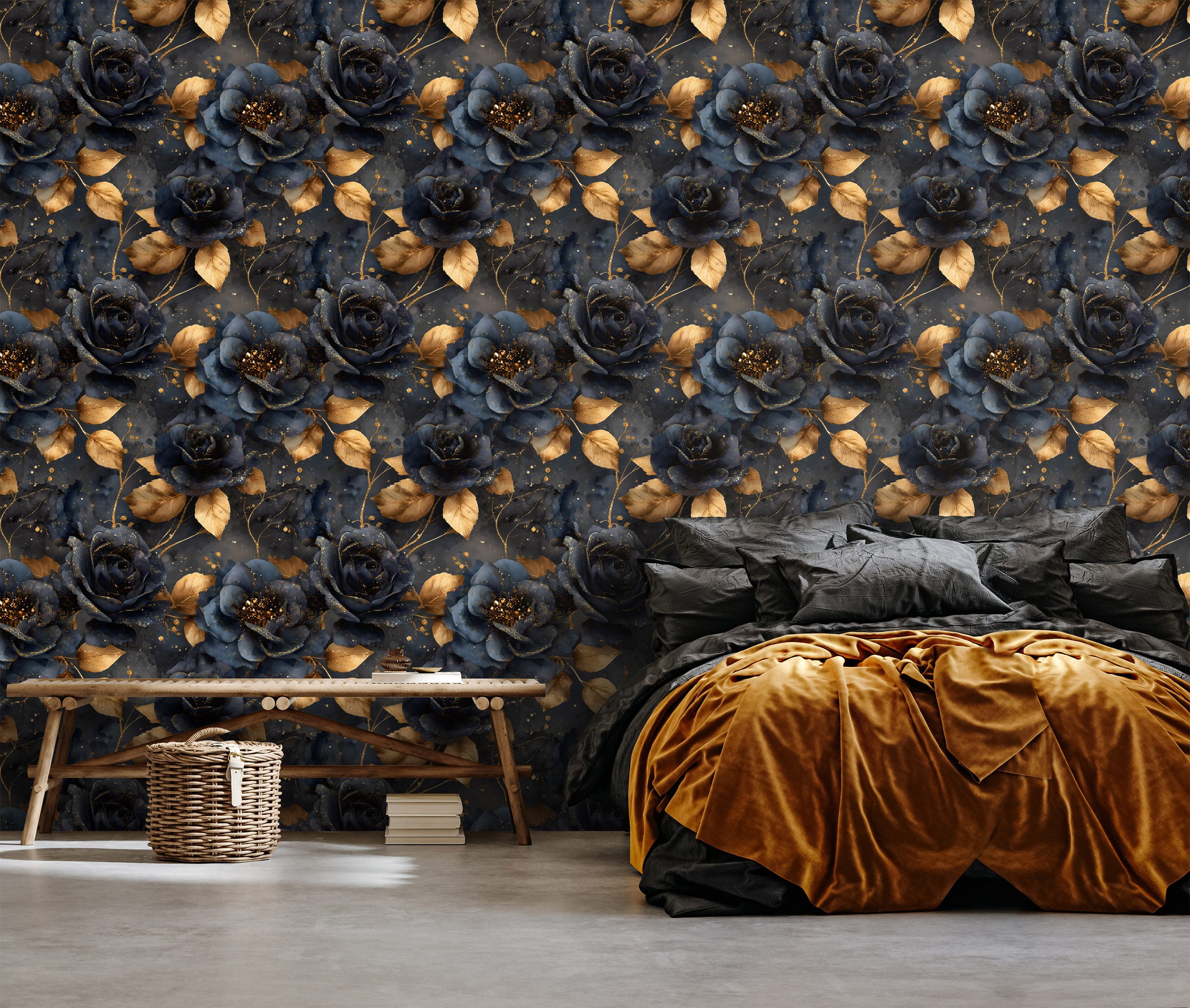Wallarena Vliestapete Blumen Schwarz Gold Blau Wohnzimmer Schlafzimmer Tape günstig online kaufen