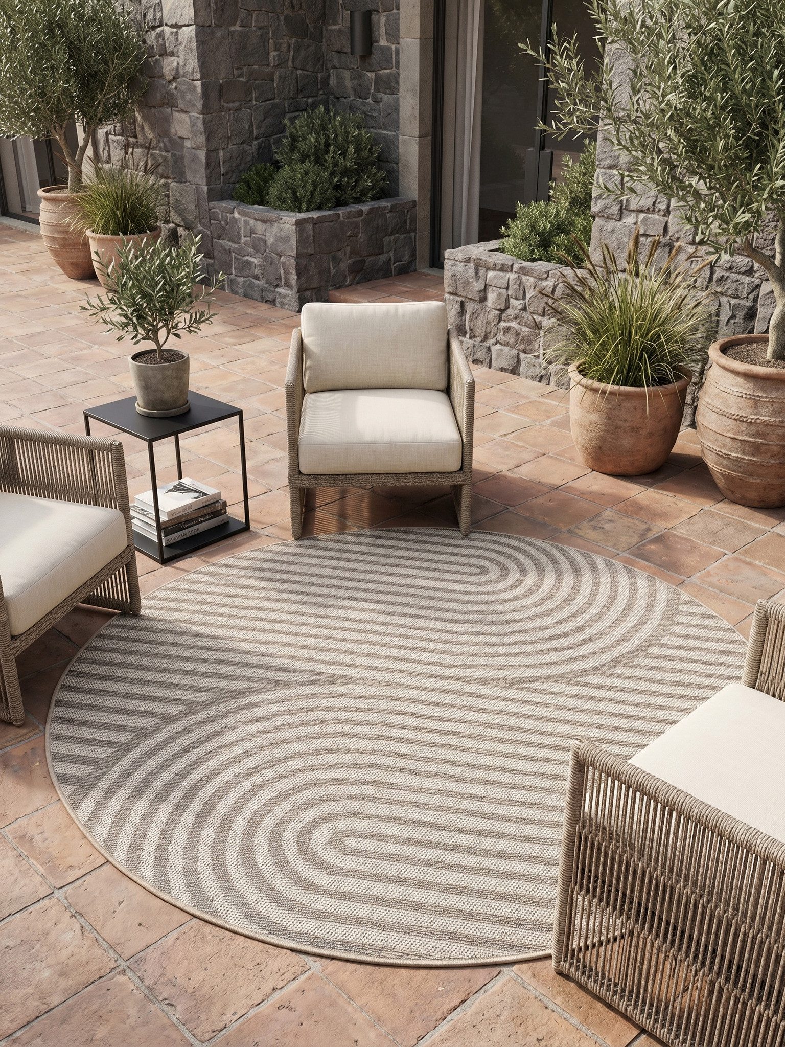 KADIMA DESIGN Teppich VENTOUX Wetterfest UV-Beständig Balkon Waschbar Boho Balkonteppich, Rund, Höhe: 5 mm, Beige, 120x120 cm, Outdoor Terrasse Strapazierfähig Pflegeleicht Rund