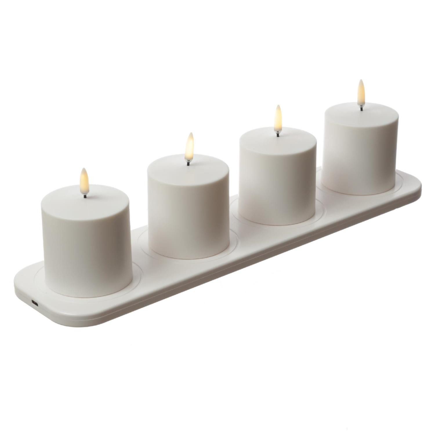UYUNI Lighting LED-Kerze 4 Stumpenkerzen mit Ladestation aufladbar 6,8x6,8cm Timer Außen weiß, LED Classic, warmweiß (2100K bis 3000K)