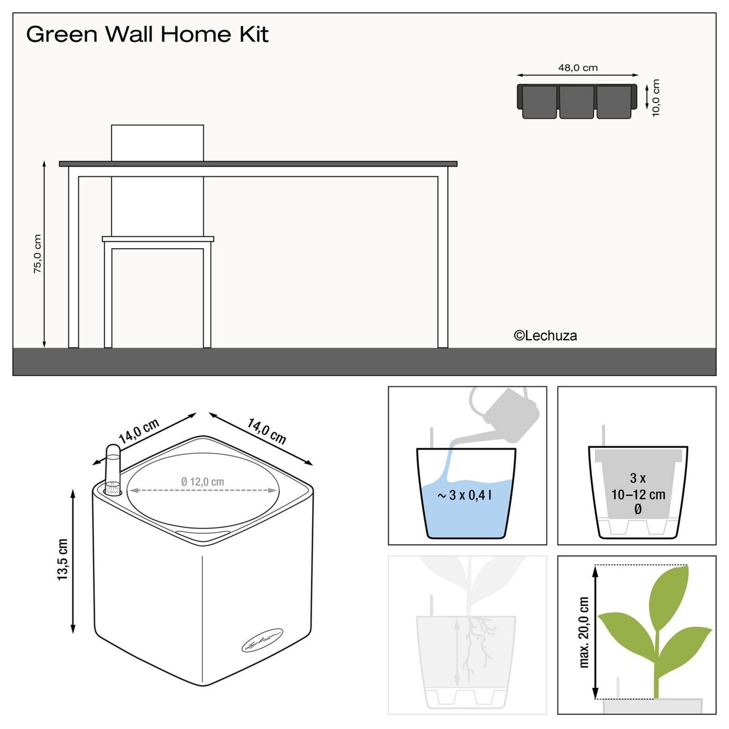 Lechuza® schiefergra Wall Kräutertopf Cube Green Color 14 Home (Komplettset) Wall Kit