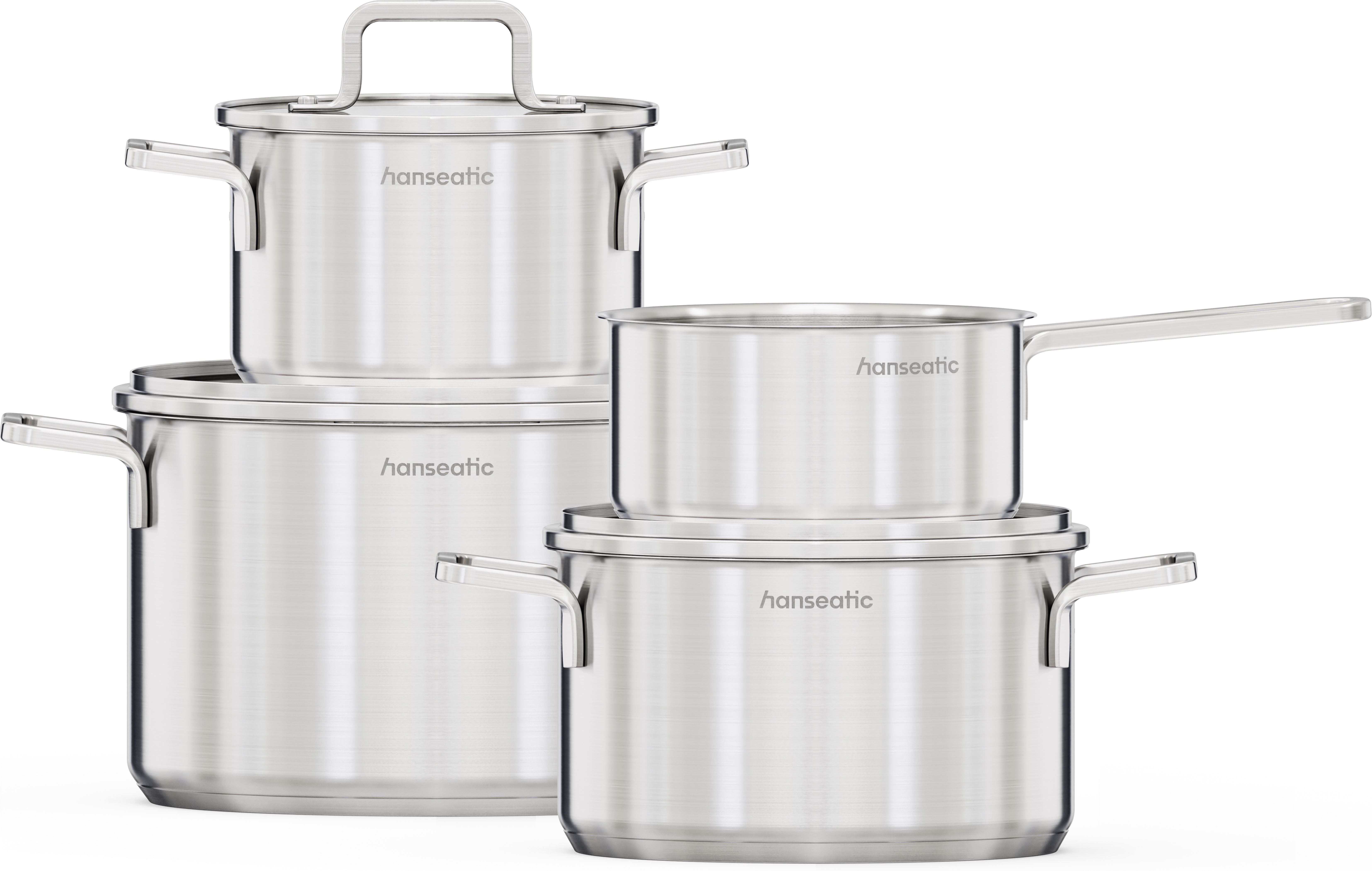 Hanseatic Topf-Set DAILY, Edelstahl 18/10 (Set, 7-tlg., Stielkasserolle 16 cm, Kochtopf 16/20/24 cm), handfreundliche Griffe, Literskala, Glasdeckel, Induktion