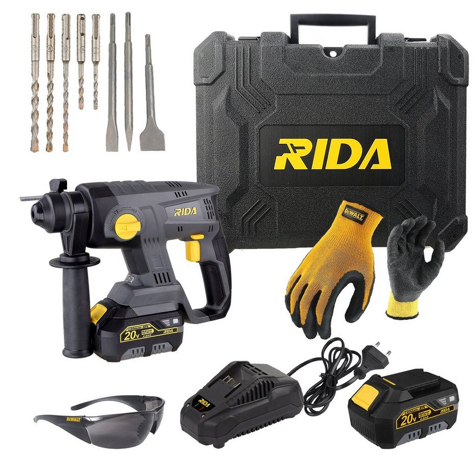 RIDA Akku-Bohrhammer Set LCH777-9 + LY777S-LI-20V 20V 4,0 Ah Li-Ionen Akku,  max. 1420,00 U/min, + DeWalt DPG70LEU, DPG93-2DEU, DT60301-QZ, DT60330-QZ