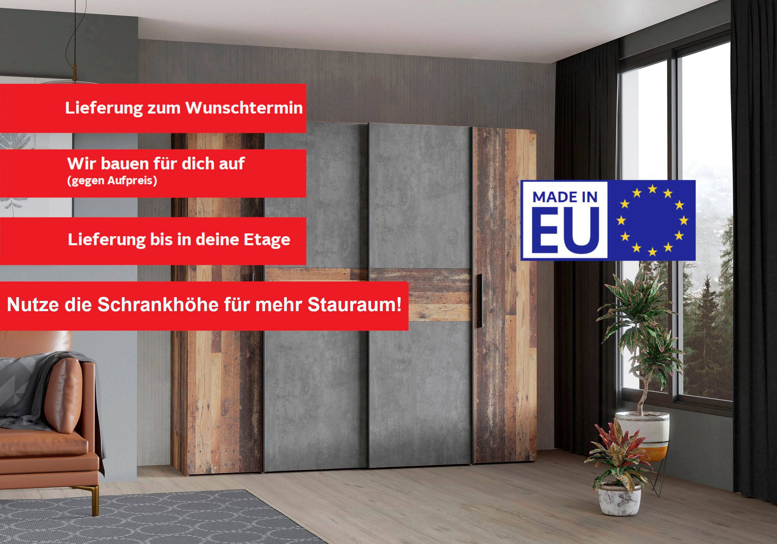 FORTE Kleiderschrank Kalixtus, Made in Europe (B/H/T ca. 200x190x60 cm, 2 Schiebetüren, 2 Drehtüren, 8 Einlegeböden) Kombination aus Dreh- und Schwebetüren, mehrere Farben