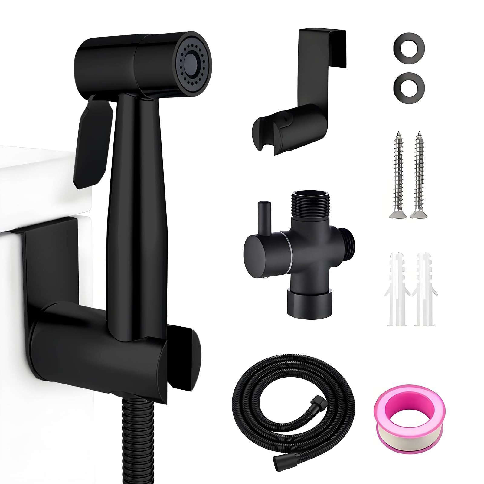 MOPUEA Bidetarmatur Handbrause Bidet Sprayer Mit Halter Wassermenge einstellbar Edelstahl (Bidet Handbrause Set, Edelstahl Bidet Handbrause mit Schlauch Ventil und Adapter) Edelstahl rostfrei präzise Wasserregulierung einfache Montage