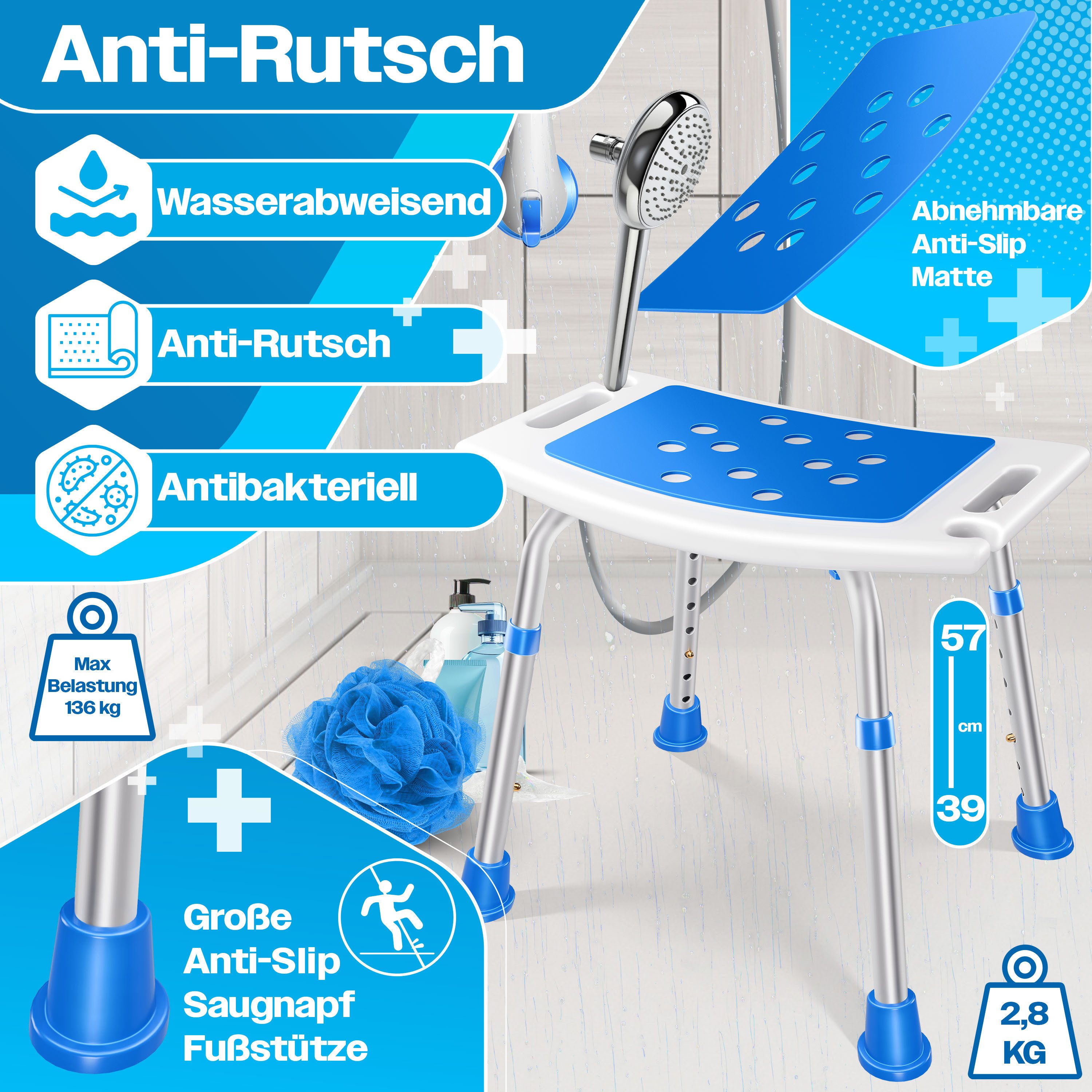 KESSER Badhocker Duschhocker höhenverstellbar & bis 136kg belastbar, Duschhilfe für Senioren, rutschfester Duschstuhl mit Zubehör – Bild 2 von 5