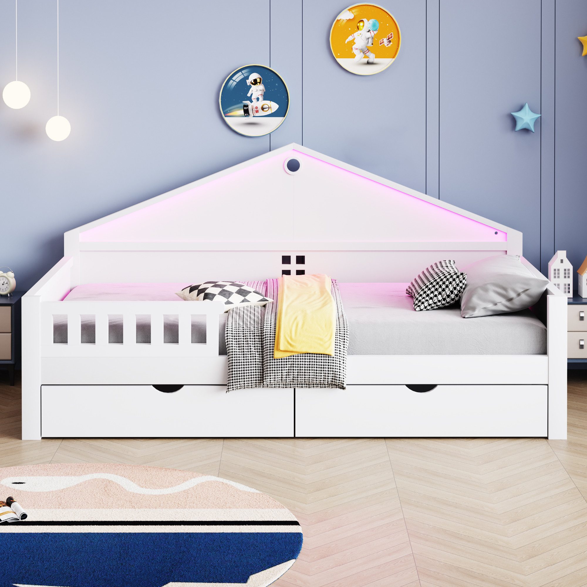 REDOM Kinderbett mit LED-Lichtleiste & geräumigen Schubladen (Einzelbett Stauraumbett, 90×200 cm), ohne Matratze