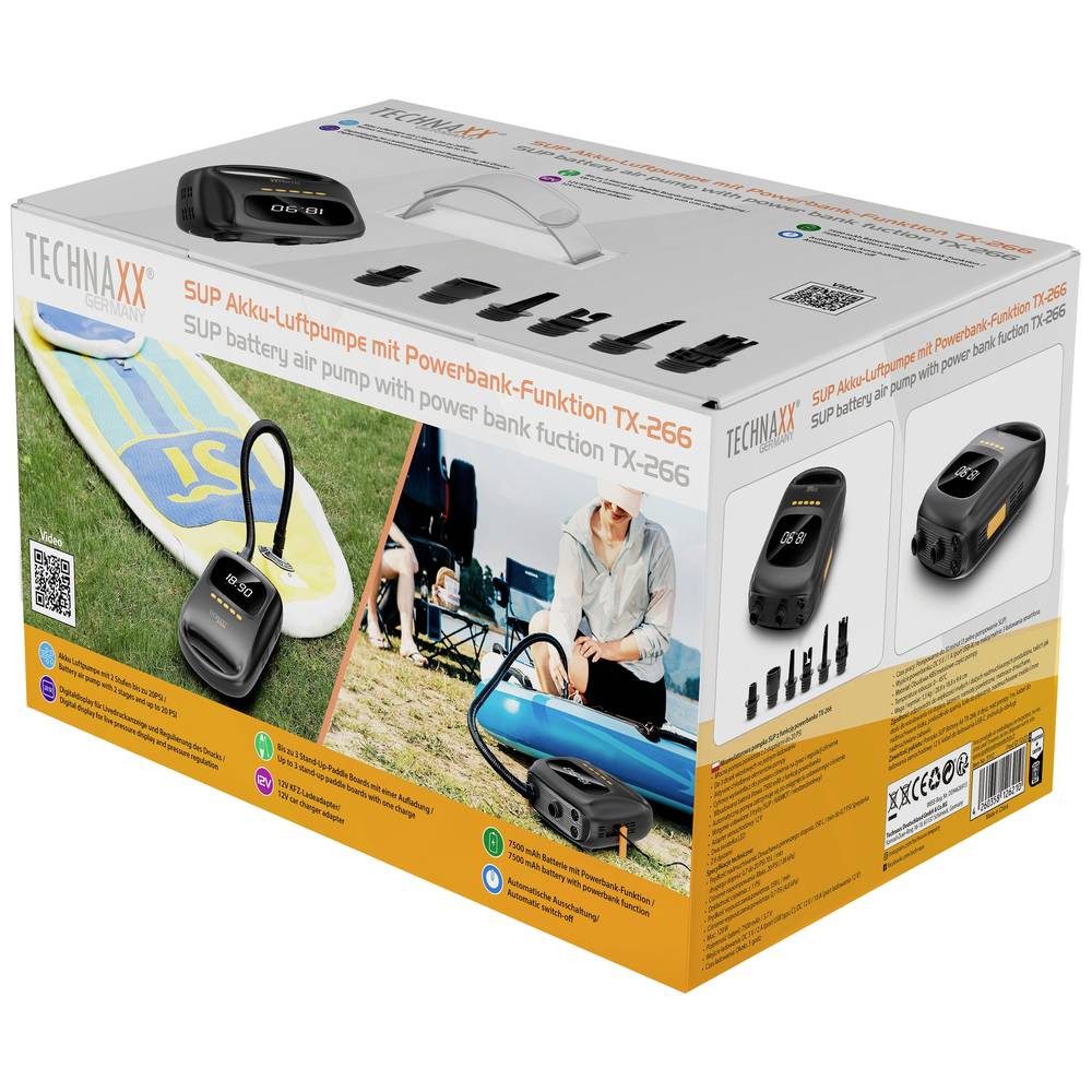 Technaxx Akku-Handkompressor SUP-Akku-Luftpumpe mit Powerbank-Funktion 5112, mit Powerbank-Funktion, 12 V Adapter zum Betrieb per Kabel