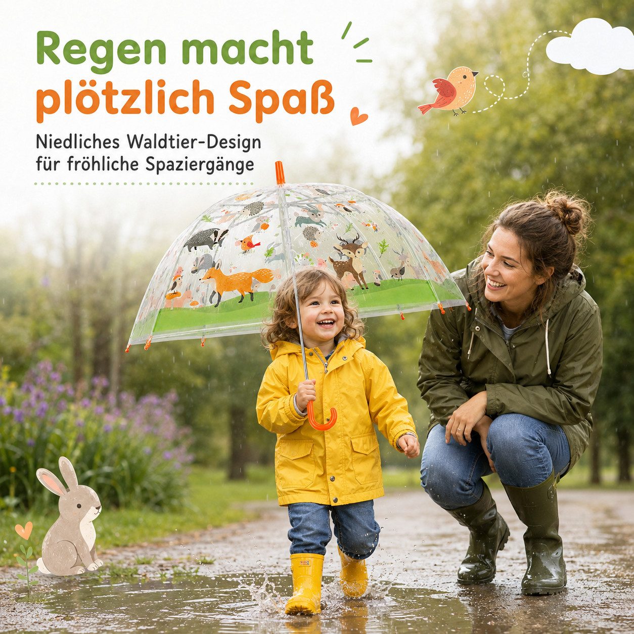 esschert design Stockregenschirm Kinderschirm transparent mit Waldtieren für Spaß im Regen – Bild 4 von 5