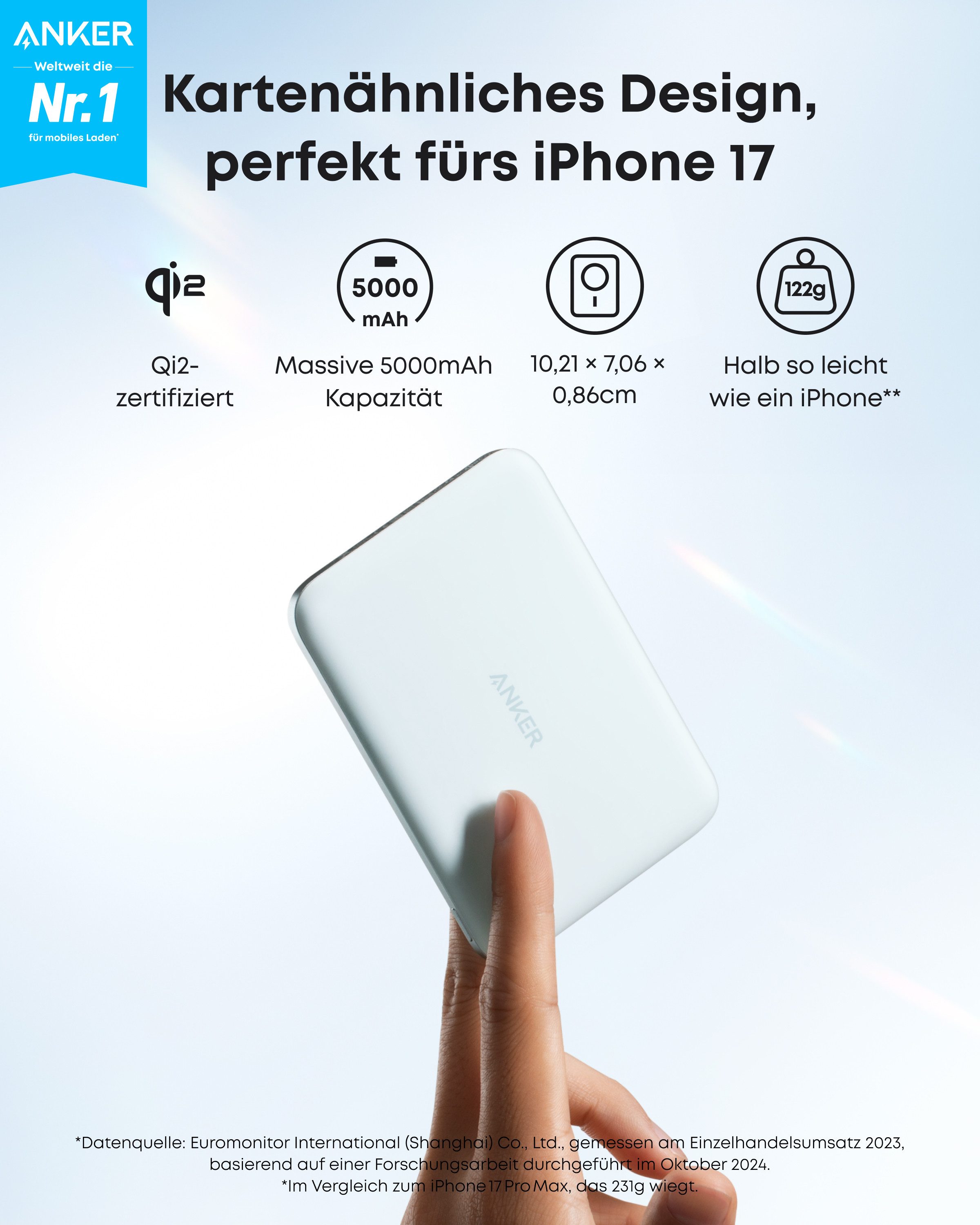 Anker Anker Nano Powerbank, Qi2-zertifiziert, 5000mAh Magnet- Powerbank 15W Max ultraschnelles Laden, MagSafe-kompatibel, tragbares Ladegerät 5000 mAh (5 V), Kabelloses Laden, für iPhone 17/16/15/14/13