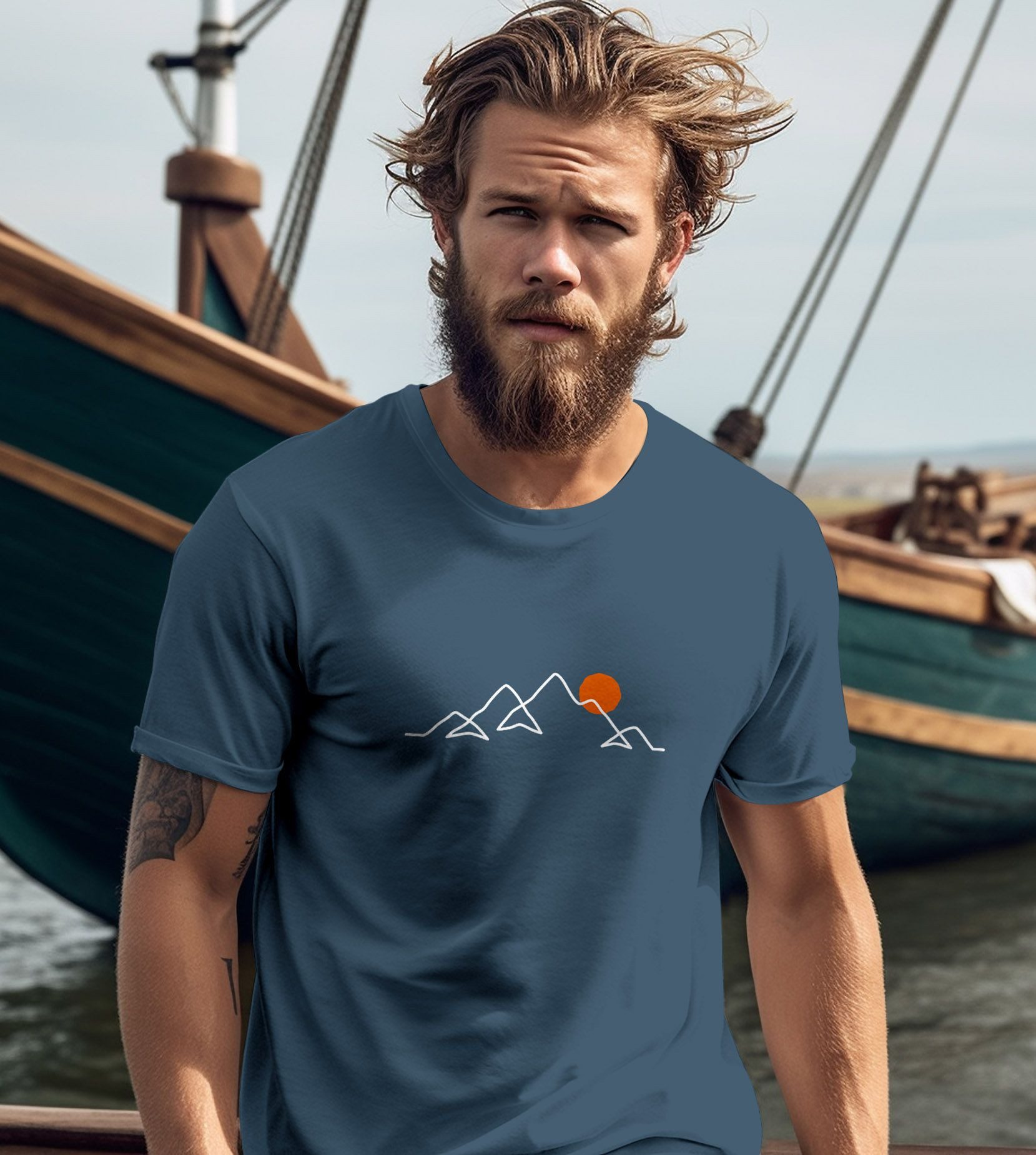 Neverless Print-Shirt Herren T-Shirt Frontprint Line-Art Berge Wandern Natur Outdoor mit Print