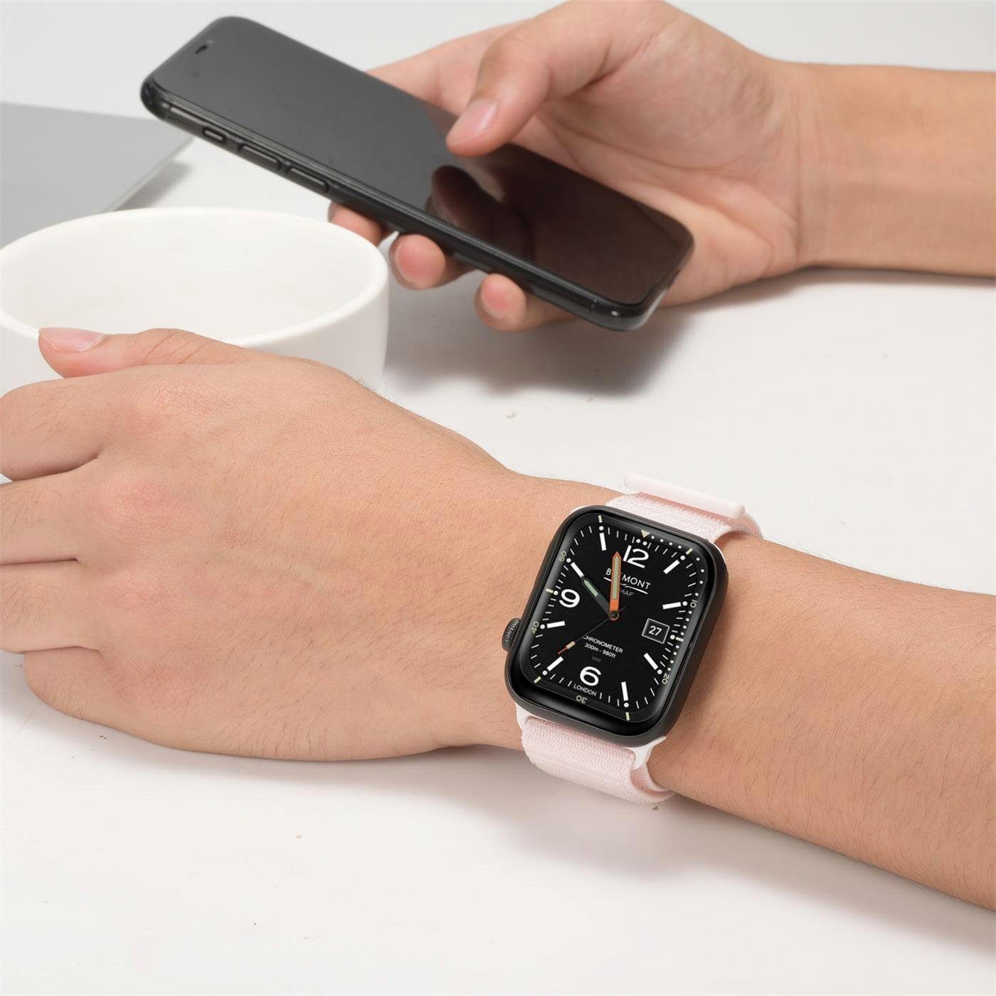 CoolGadget Smartwatch-Armband für Apple Uhren 1. Klettverschluss Stoff mit Hellrosa mit Serie Watch Band 44mm Nylon Gen. Gehäuse, Ersatz