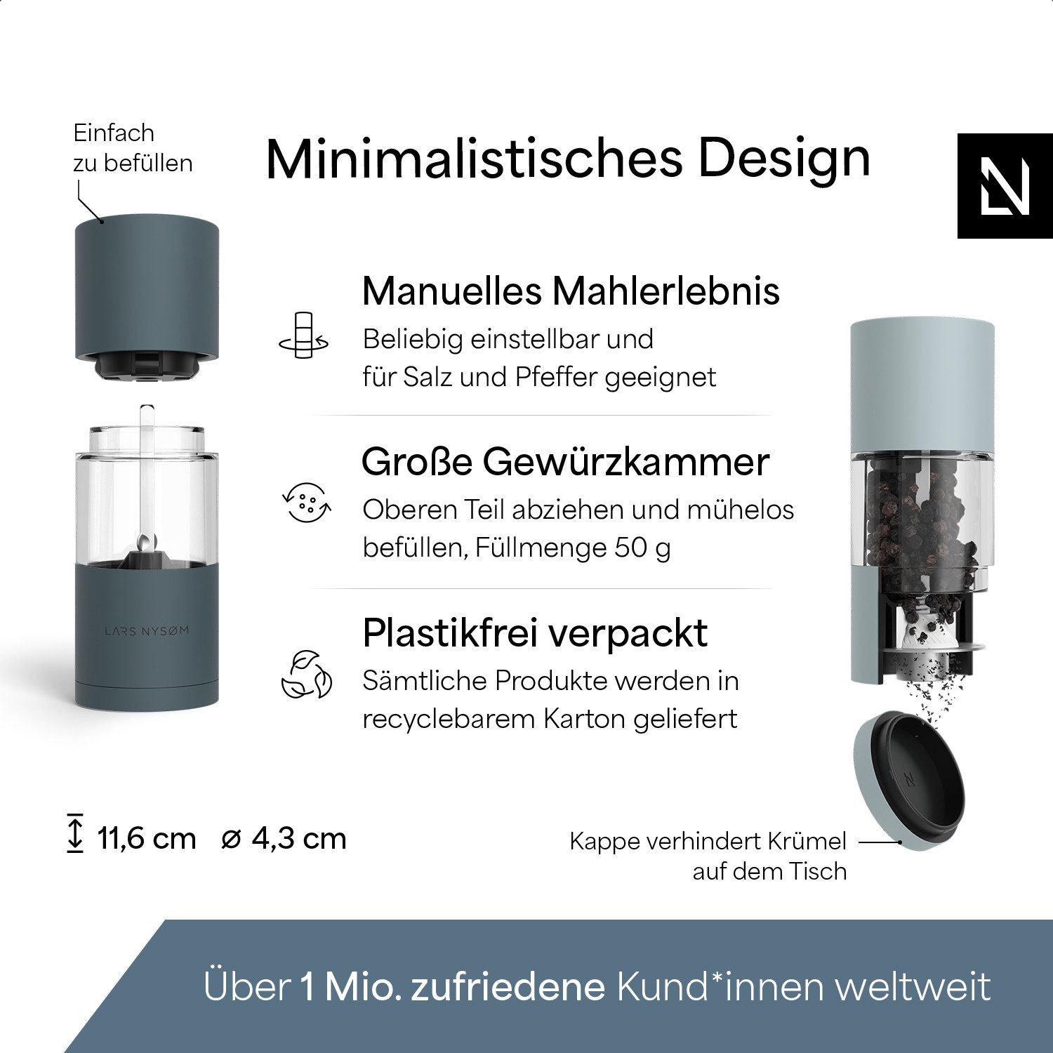 LARS NYSØM Gewürzmühle Sjæl manuelle Bedienung, (2 Stück), Edelstahl Gewürzmühlenset mit Keramikmahlwerk (Stufenlos) – Bild 4 von 5