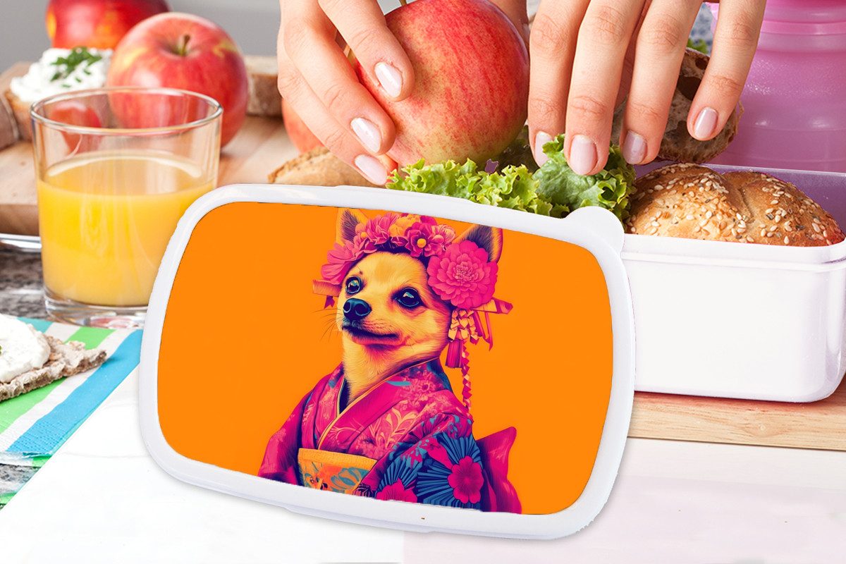 MuchoWow Lunchbox Kimono - Hündchen - Blumenkrone - Orange, Kunststoff, (2-tlg), Brotdose Schule oder Arbeit, Brotbox für Kinder und Erwachsene