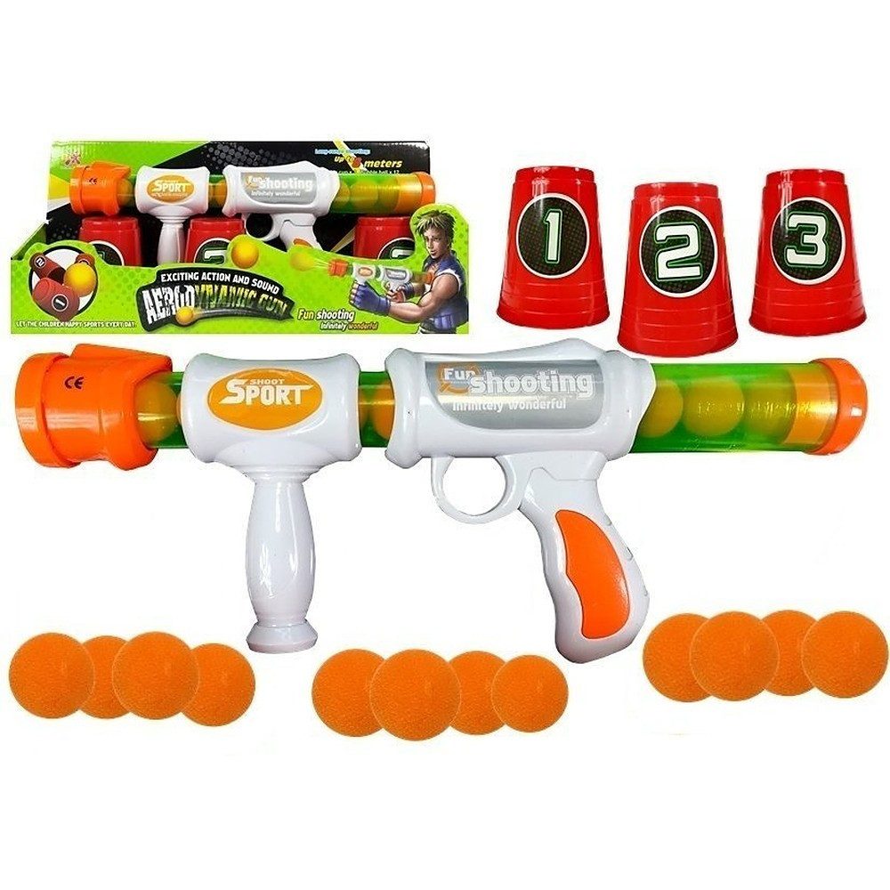 LEAN TOYS Blaster Spielzeuggewehr Kugelpistole Zielschießspiel (Spar-Set, 1-tlg., 36 x 12 x 7 cm sicher), 12 Schaumstoffbälle, 3 Zielbecher, sichtbares Magazin