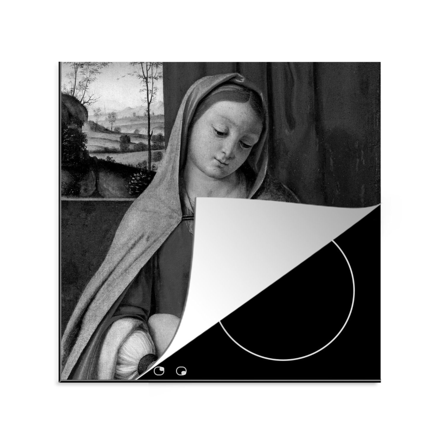 MuchoWow Herdblende-/Abdeckplatte Leonardo da Vinci - schwarz und weiß, Vinyl, (1 tlg), 78x78 cm, Ceranfeldabdeckung, Arbeitsplatte für küche