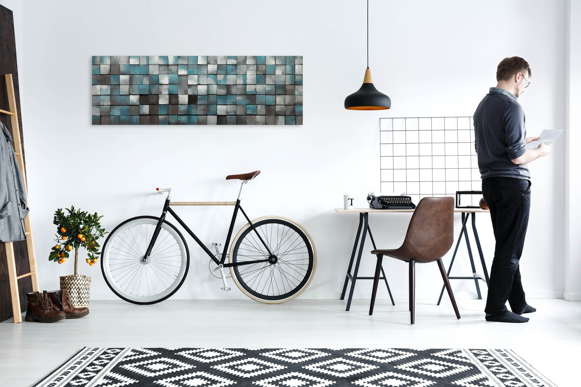 KUNSTLOFT Holzbild Ruhe des Blauen 144x44 cm, handgefertiges Wandbild aus Holz