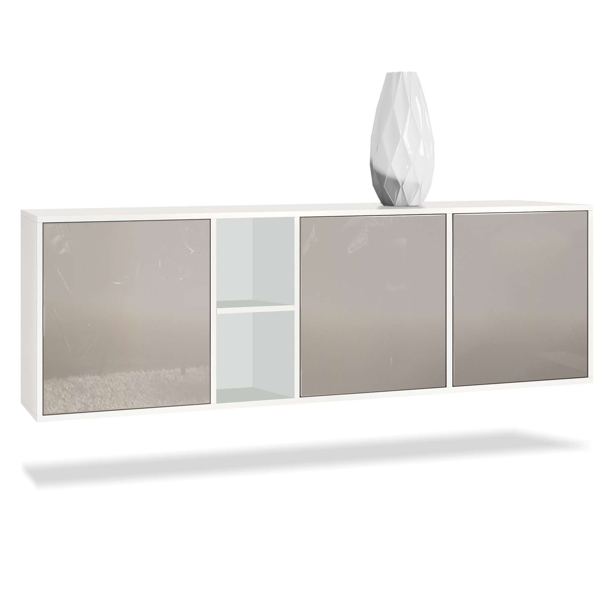 Vladon Sideboard Cuba (Kommode, mit 3 Türen und 2 offene Fächer), Weiß matt/Sandgrau Hochglanz (182 x 53 x 35 cm)