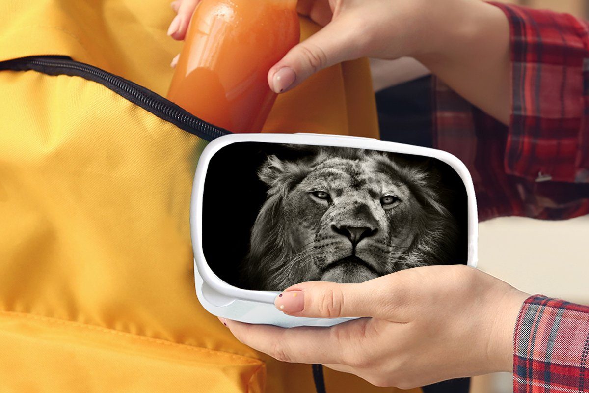 Wildtiere - Mädchen für Lunchbox - Löwe weiß, für Erwachsene, und Brotbox Schwarz Kunststoff, MuchoWow - Porträt Brotdose, Kinder Jungs - Tiere und und (2-tlg),