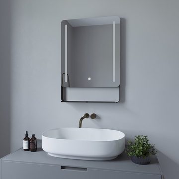 AQUALAVOS Badspiegel LED Spiegel für Bad mit schwarz matt Ablage Touch Dimmbare Wandspiegel, mit 6400K Kaltweiß Licht Beleuchtung, anschließbarer Wandschalter