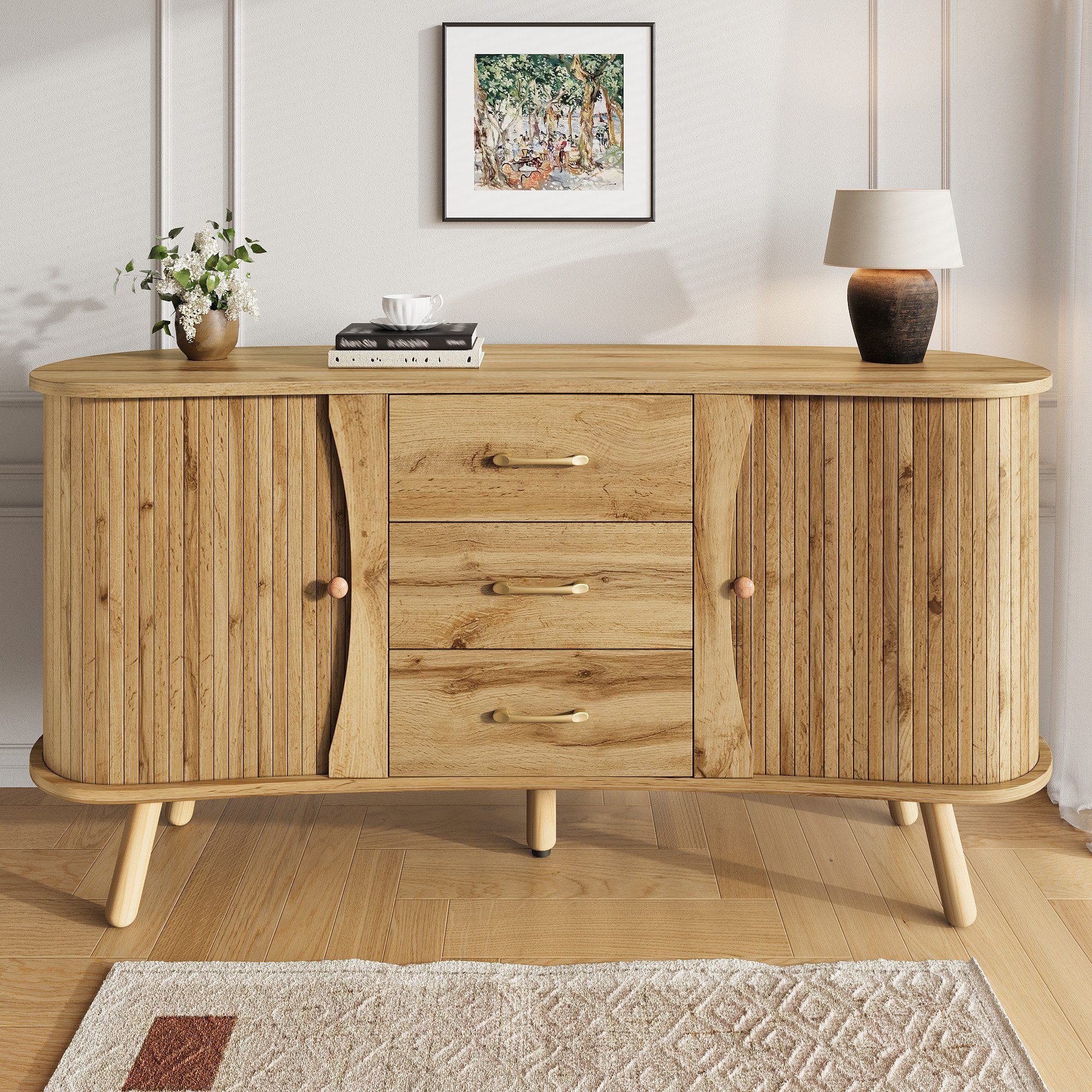 KLAM HOME Sideboard Sideboard mit Rillenoptik, 2 Schiebetüren & 3 Schubladen (Modernes Sideboard skandinavischer Stil mit Massivholzbeinen), Wohnzimmer Sideboard 150cm MDF mit höhenverstellbaren Fächern