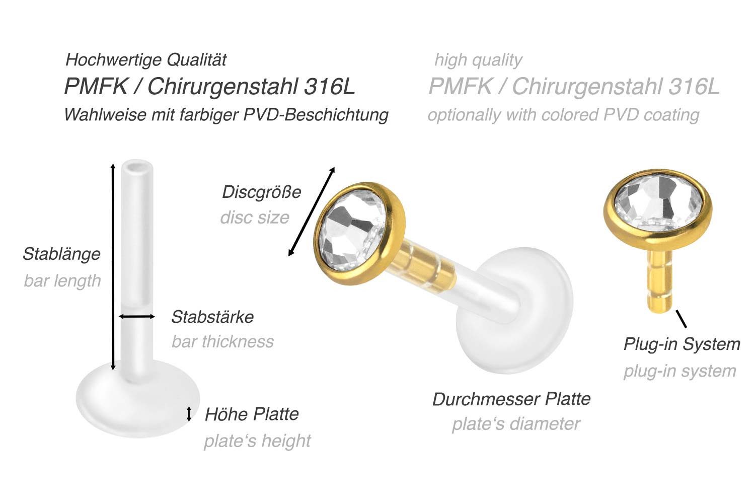 PIERCINGLINE Piercing-Set PMFK Labret mit Plug-in System + Chirurgenstahl-Aufsatz FLACHER (Labrets, 1-tlg)