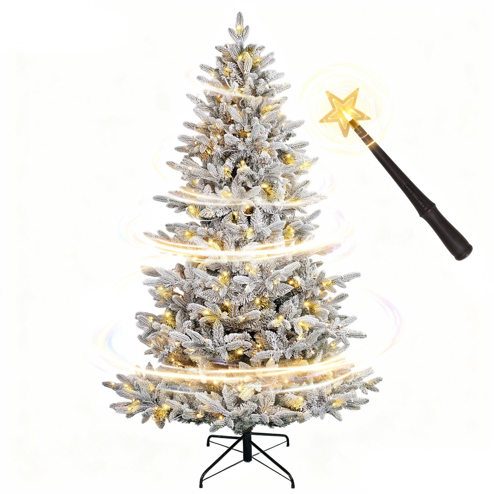 Salcar Künstlicher Weihnachtsbaum Künstlicher Weihnachtsbaum mit Beleuchtung LED Tannenbaum mit Schnee, Magischer Zauberstab mit Licht- und Soundeffekt, 1798 Spitzen / 500LED