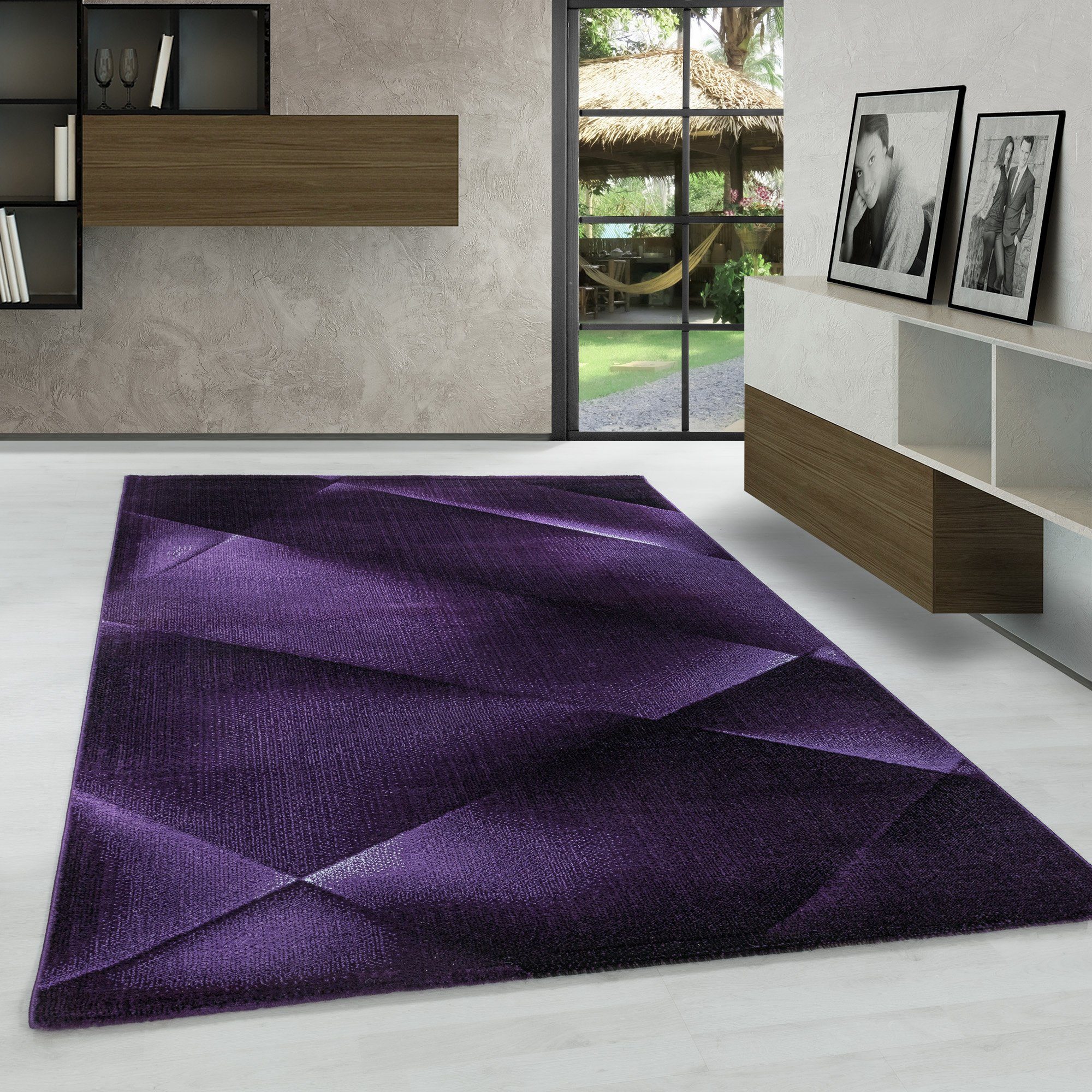 Designteppich Abstrakt Design, Carpetsale24, Läufer, Höhe: 9 mm, Kurzflor Teppich Abstrakt Design Teppich Violett Teppich Wohnzimmer | Kurzflor-Teppiche