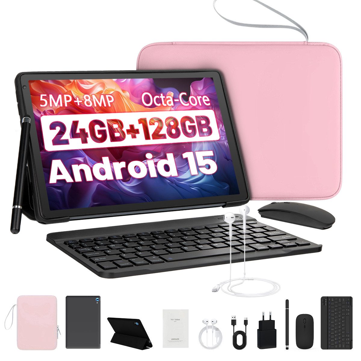 Happybe 10,1 Zoll Android 15, 4GB RAM 128GB mit Tastatur Maus Stylus Hülle Set Tablet (10", 128 GB, Android, WiFi 6, 1280×800 HD, mit Tastatur/Stift/Maus/Tasche/Hülle/Kopfhörer)