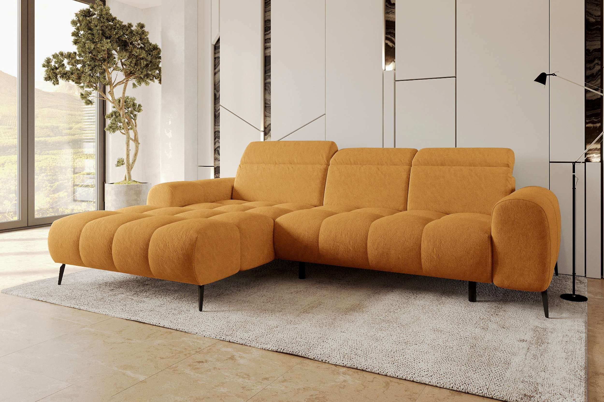 99rooms Ecksofa Milano, Sofa, L-Form, mit elektrischer Sitztiefenverstellung, Chenille APHRODITE