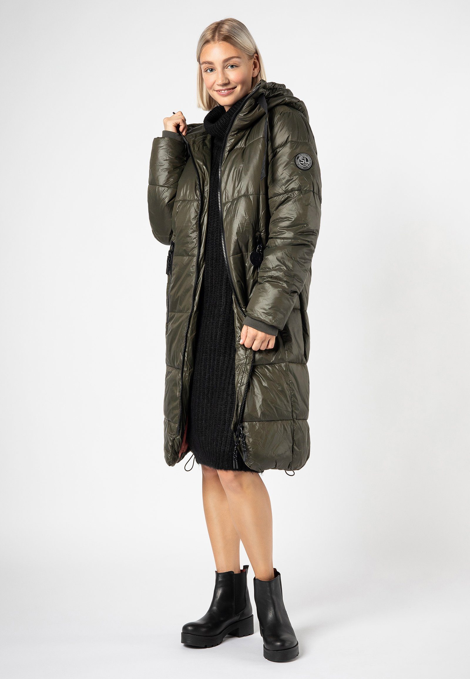 SUBLEVEL Wintermantel Langer Damen Steppmantel mit großer Kapuze