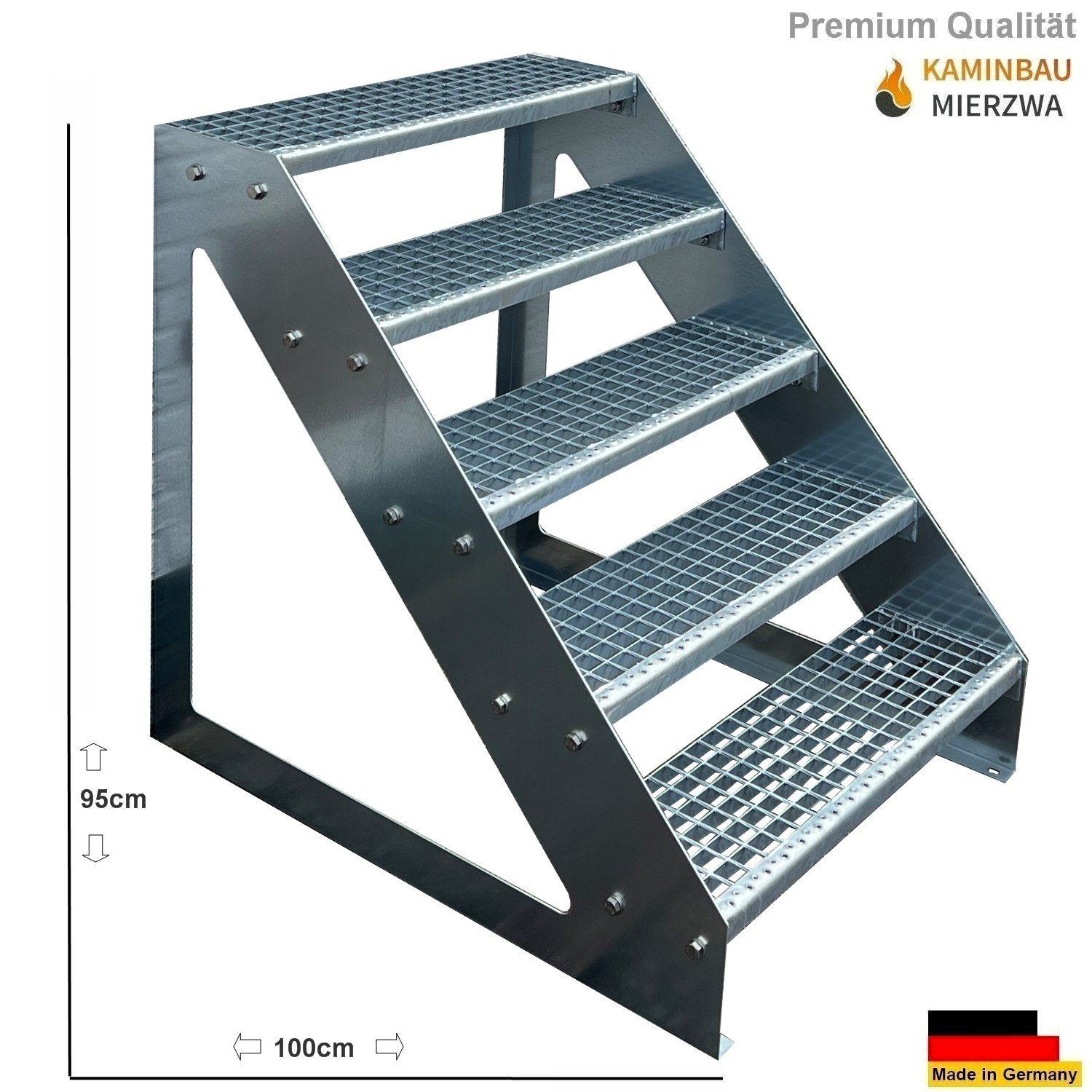 Kaminbau Mierzwa Außentreppe Premium Treppe Verzinkt mit oder ohne Geländer, für Geschosshöhen bis 95.00 cm, Stufen Gitterroststufen nach DIN 24531, (Höhe 95 cm – Bild 2 von 4